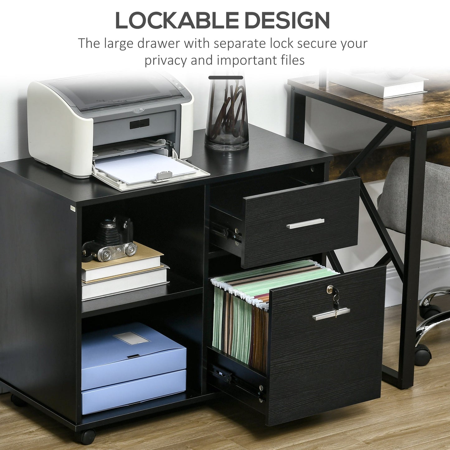 Lateral File Cabinet with Wheels, Mobile Printer Stand, Filing Cabinet with Open Shelves and Drawers for A4 Size Documents, Black Office Cabinets & Cupboards   at Gallery Canada