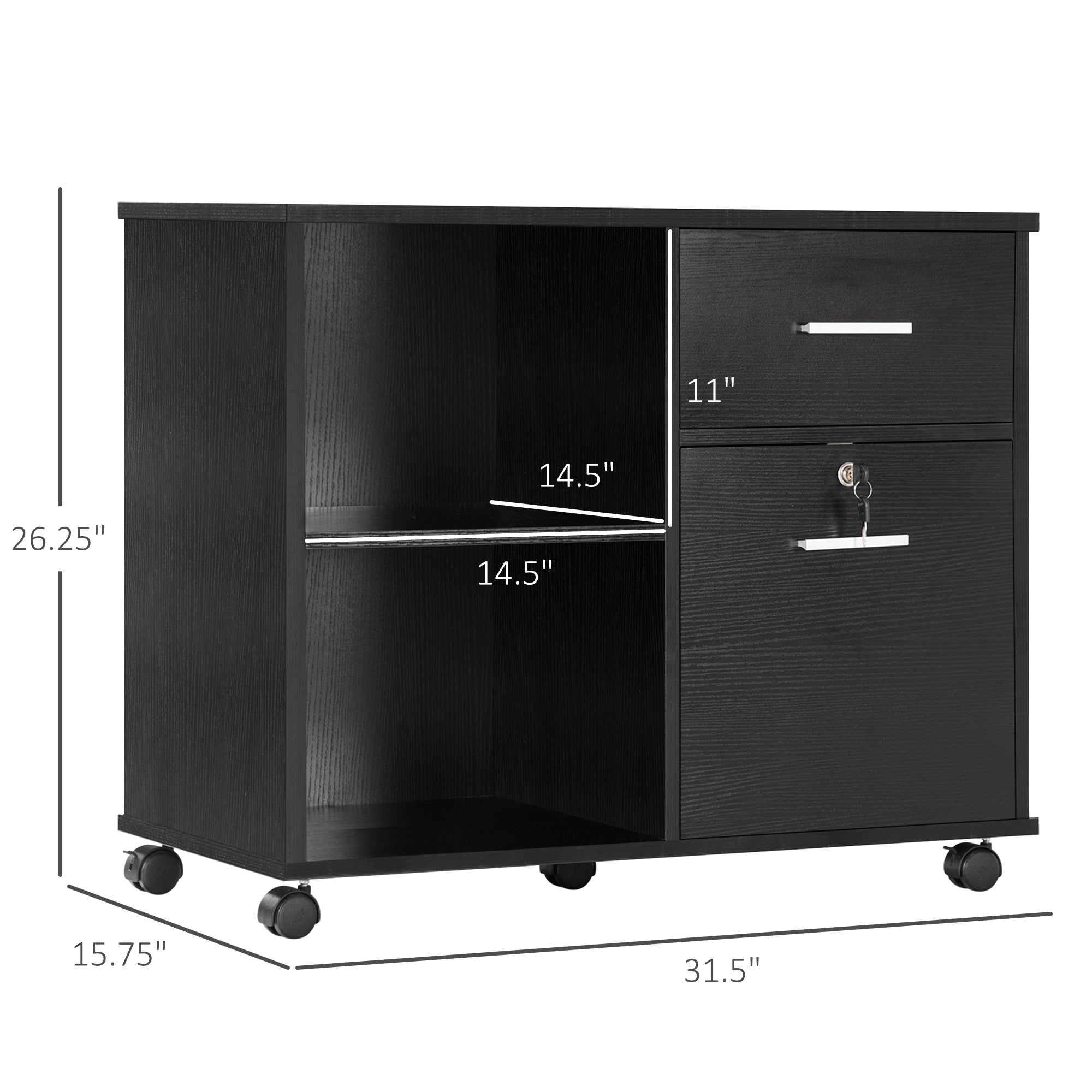 Lateral File Cabinet with Wheels, Mobile Printer Stand, Filing Cabinet with Open Shelves and Drawers for A4 Size Documents, Black Office Cabinets & Cupboards Black Wood Grain  at Gallery Canada