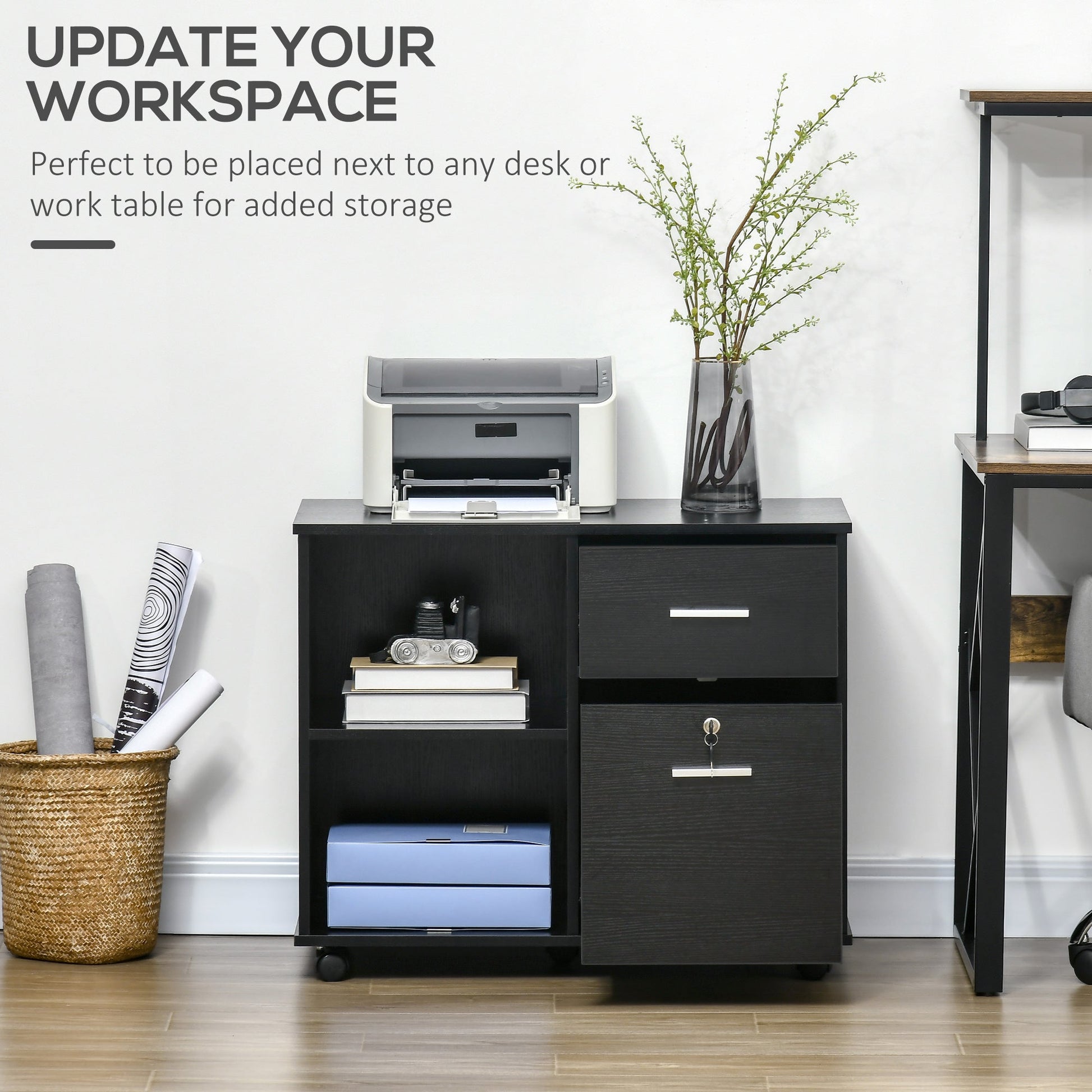 Lateral File Cabinet with Wheels, Mobile Printer Stand, Filing Cabinet with Open Shelves and Drawers for A4 Size Documents, Black Office Cabinets & Cupboards   at Gallery Canada