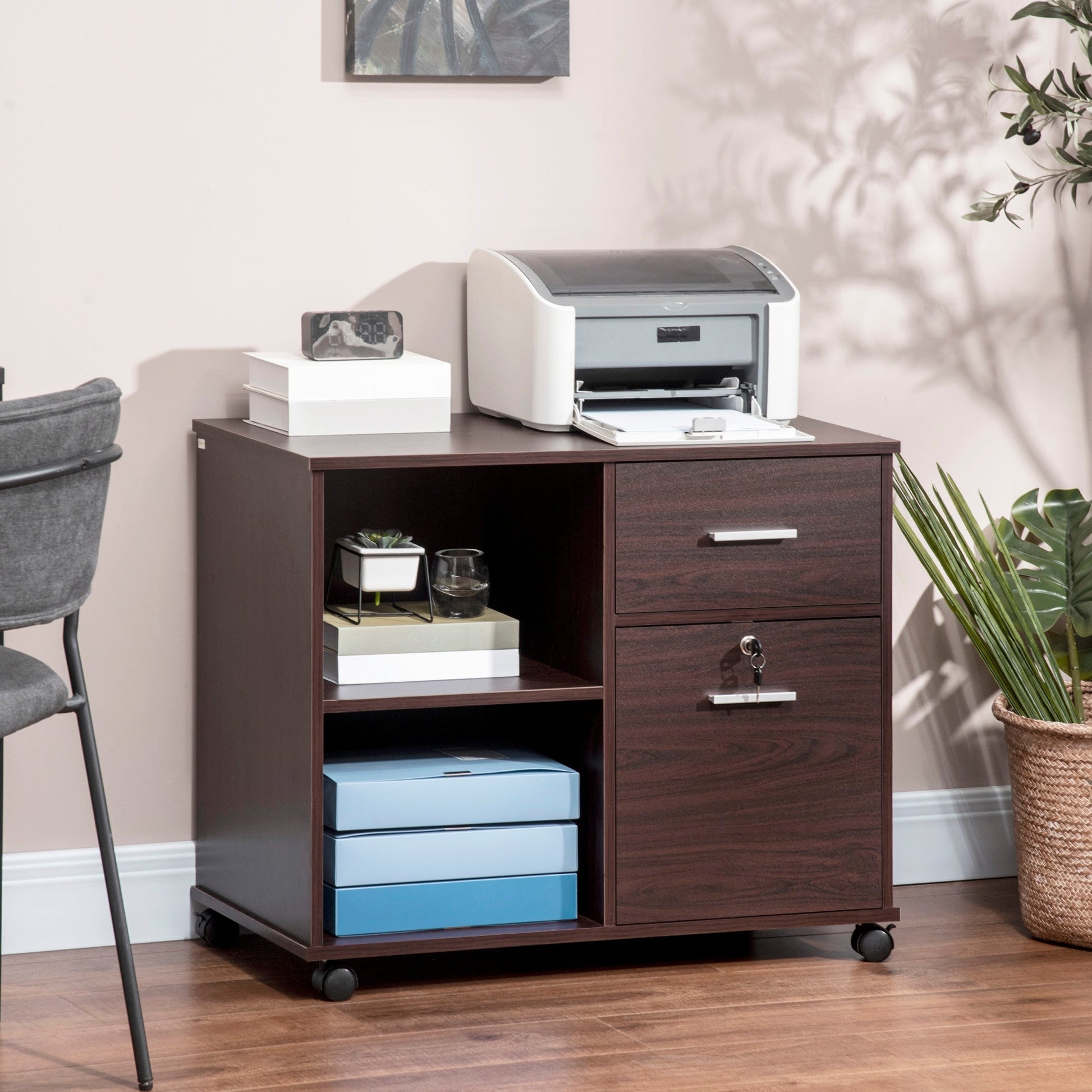 Lateral File Cabinet with Wheels, Mobile Printer Stand, Filing Cabinet with Open Shelves and Drawers for A4 Size Documents, Walnut Office Cabinets & Cupboards   at Gallery Canada