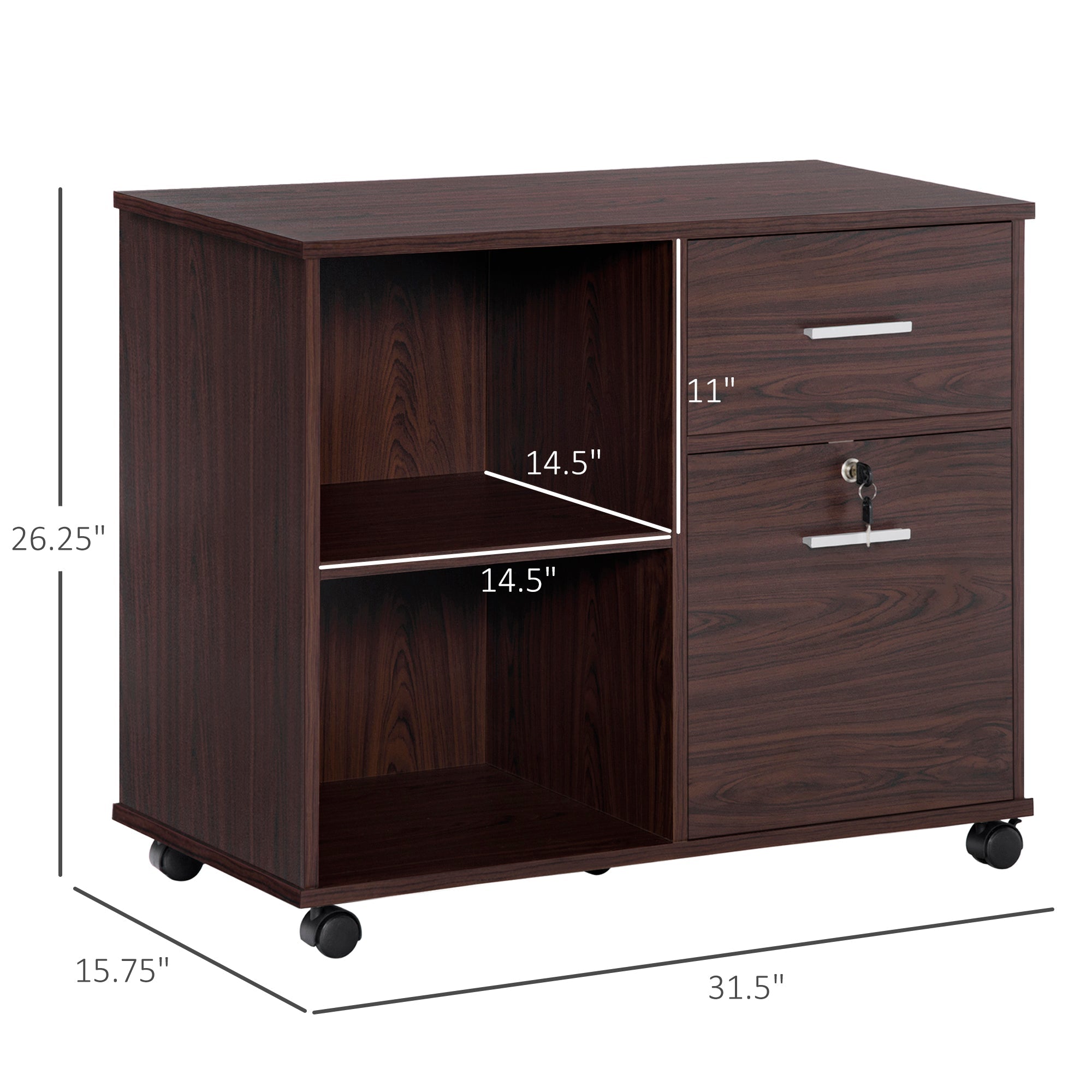 Lateral File Cabinet with Wheels, Mobile Printer Stand, Filing Cabinet with Open Shelves and Drawers for A4 Size Documents, Walnut Office Cabinets & Cupboards   at Gallery Canada