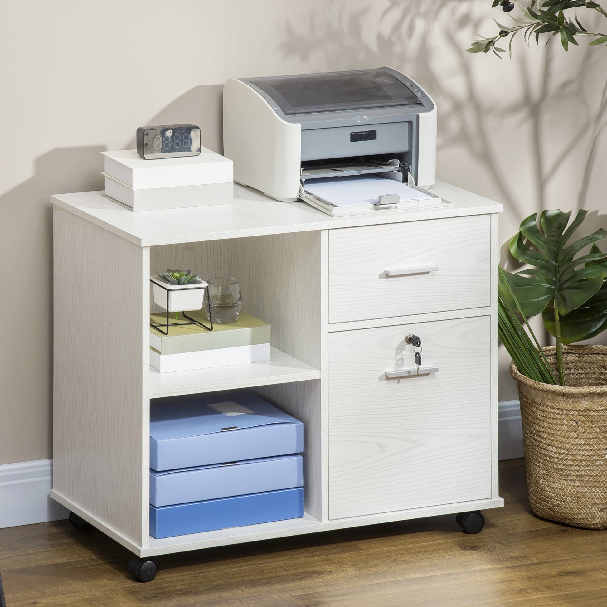 Lateral File Cabinet with Wheels, Mobile Printer Stand, Filing Cabinet with Open Shelves and Drawers for A4 Size Documents, White Office Cabinets & Cupboards   at Gallery Canada