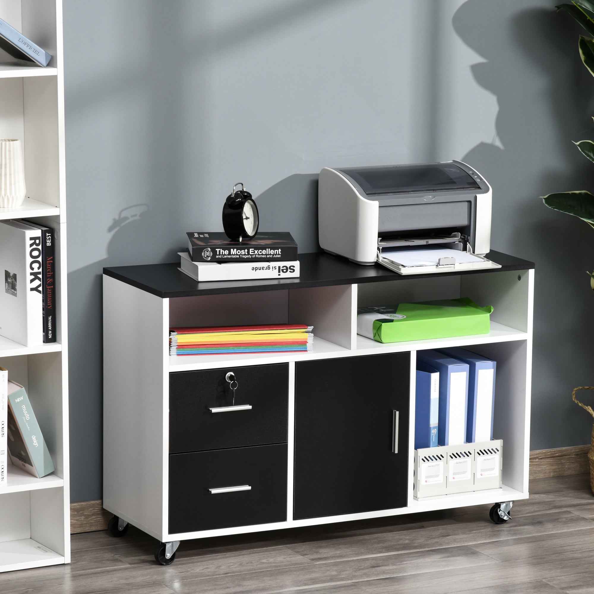 Lateral Filing Cabinet, Printer Stand Home Office Mobile File Cabinet with Wheels, Lockable Drawer, Black Office Cabinets & Cupboards   at Gallery Canada