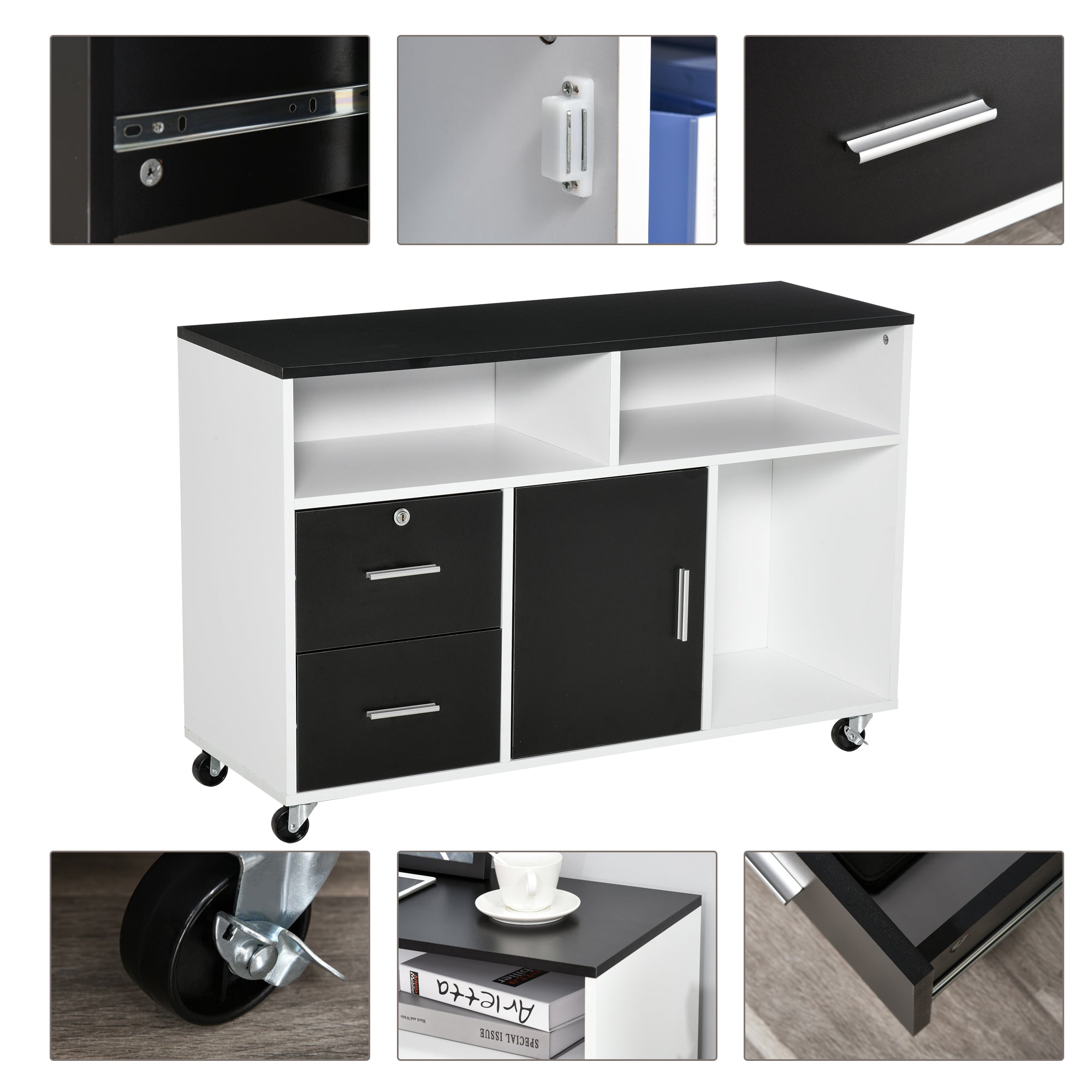 Lateral Filing Cabinet, Printer Stand Home Office Mobile File Cabinet with Wheels, Lockable Drawer, Black Office Cabinets & Cupboards   at Gallery Canada