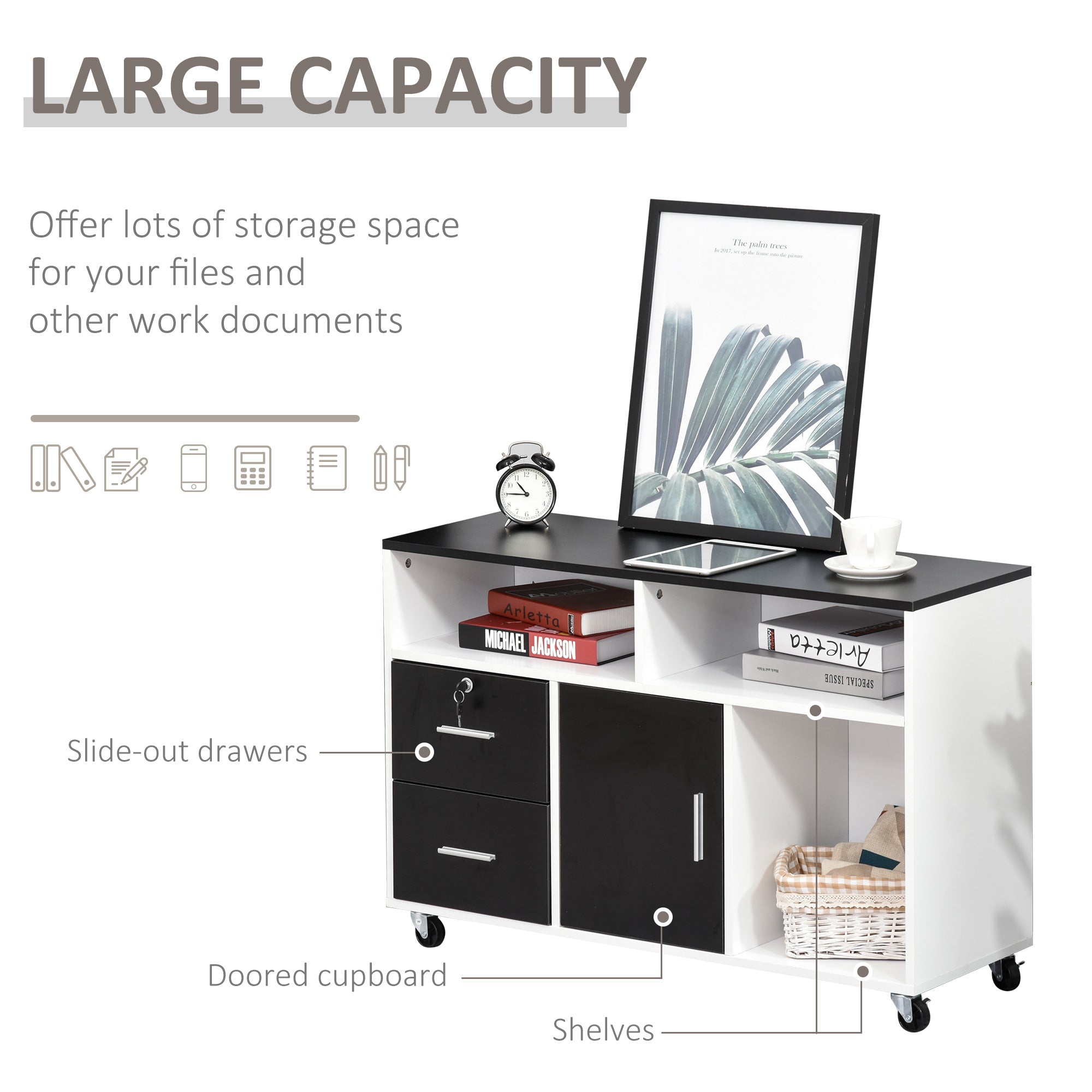 Lateral Filing Cabinet, Printer Stand Home Office Mobile File Cabinet with Wheels, Lockable Drawer, Black Office Cabinets & Cupboards   at Gallery Canada