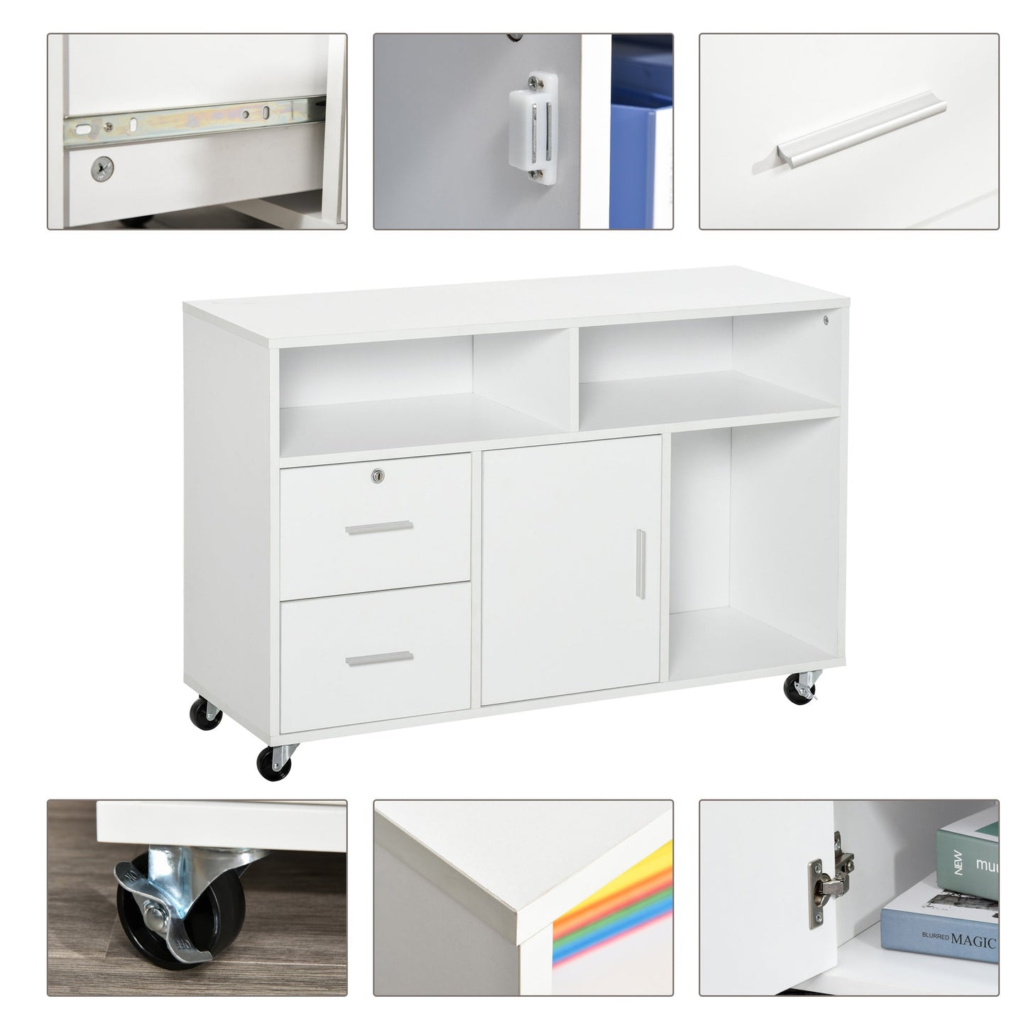 Lateral Filing Cabinet, Printer Stand Home Office Mobile File Cabinet with Wheels, Lockable Drawer, White Office Cabinets & Cupboards   at Gallery Canada