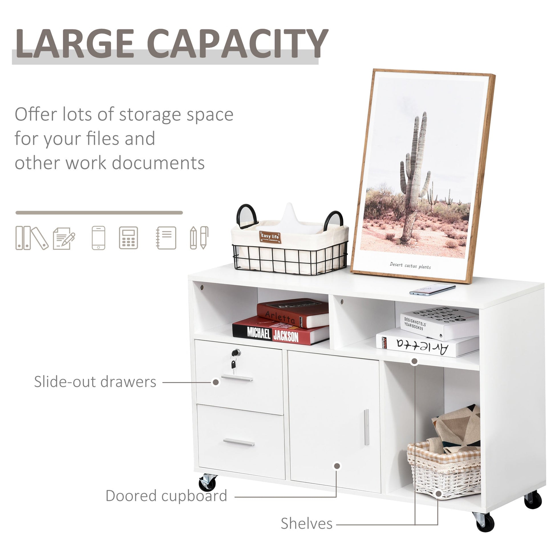 Lateral Filing Cabinet, Printer Stand Home Office Mobile File Cabinet with Wheels, Lockable Drawer, White Office Cabinets & Cupboards   at Gallery Canada