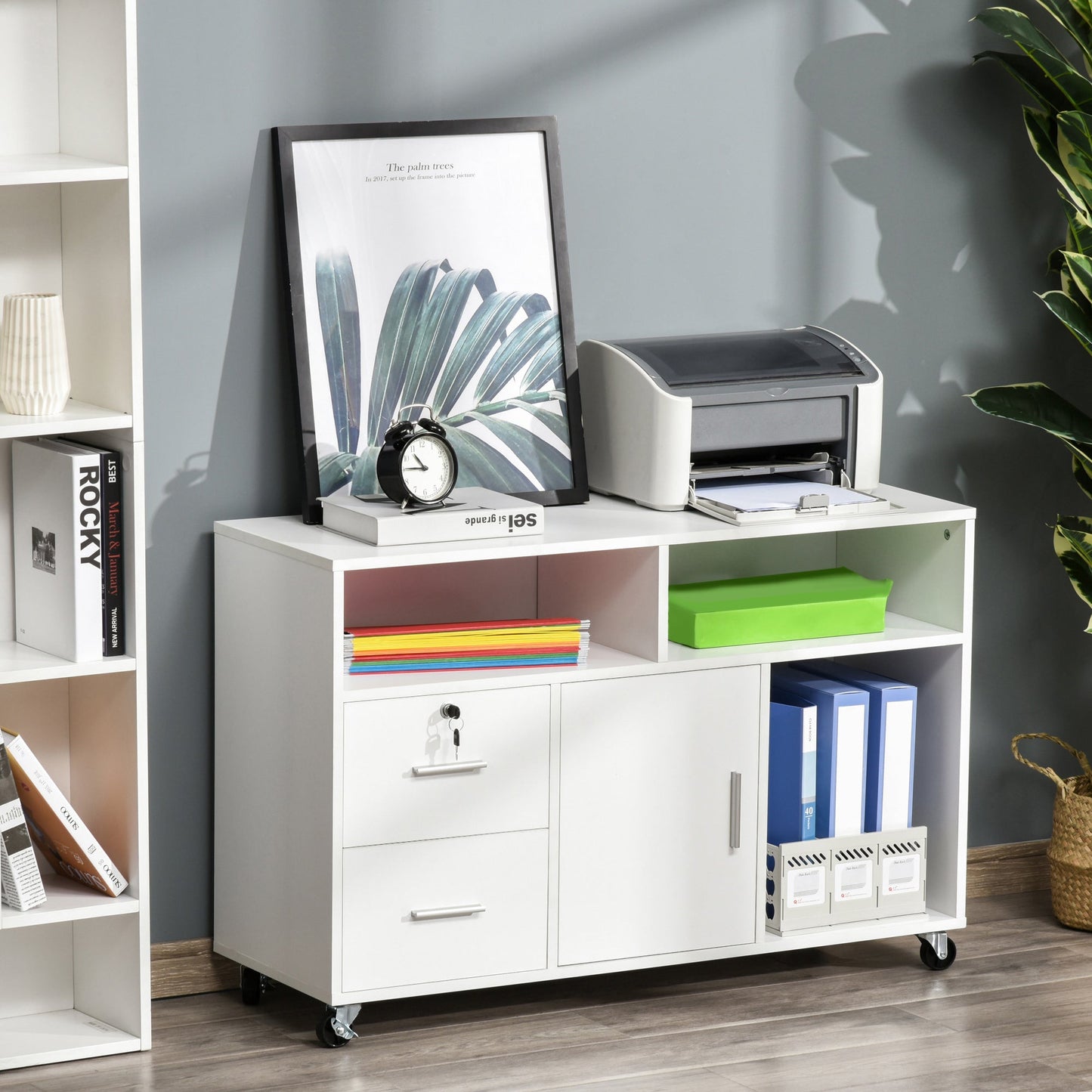 Lateral Filing Cabinet, Printer Stand Home Office Mobile File Cabinet with Wheels, Lockable Drawer, White Office Cabinets & Cupboards   at Gallery Canada