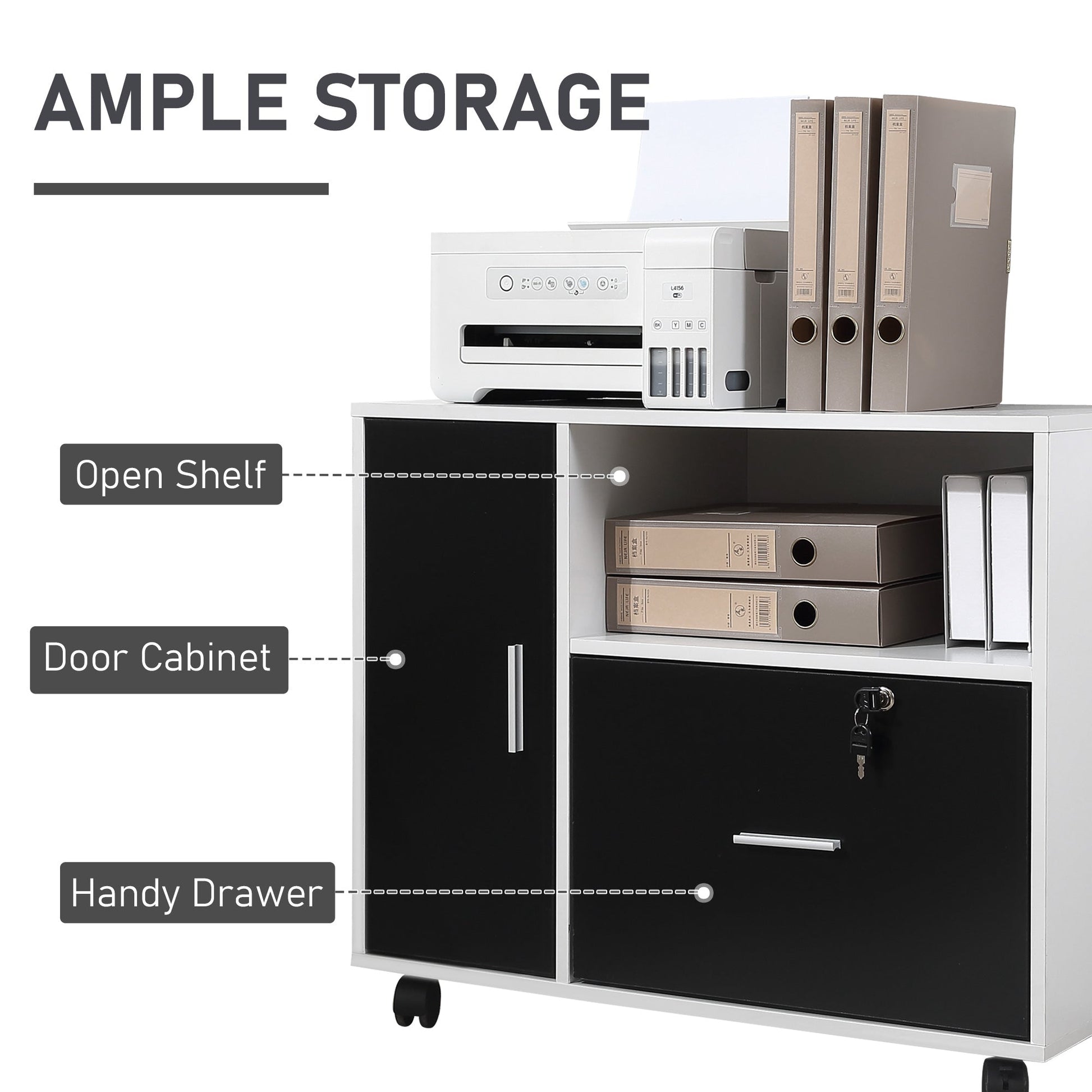 Lateral Filing Cabinet with Lockable Drawer for Hanging Legal, Letter Sized Files, Mobile Printer Stand for Home Office, Black and White Office Cabinets & Cupboards   at Gallery Canada