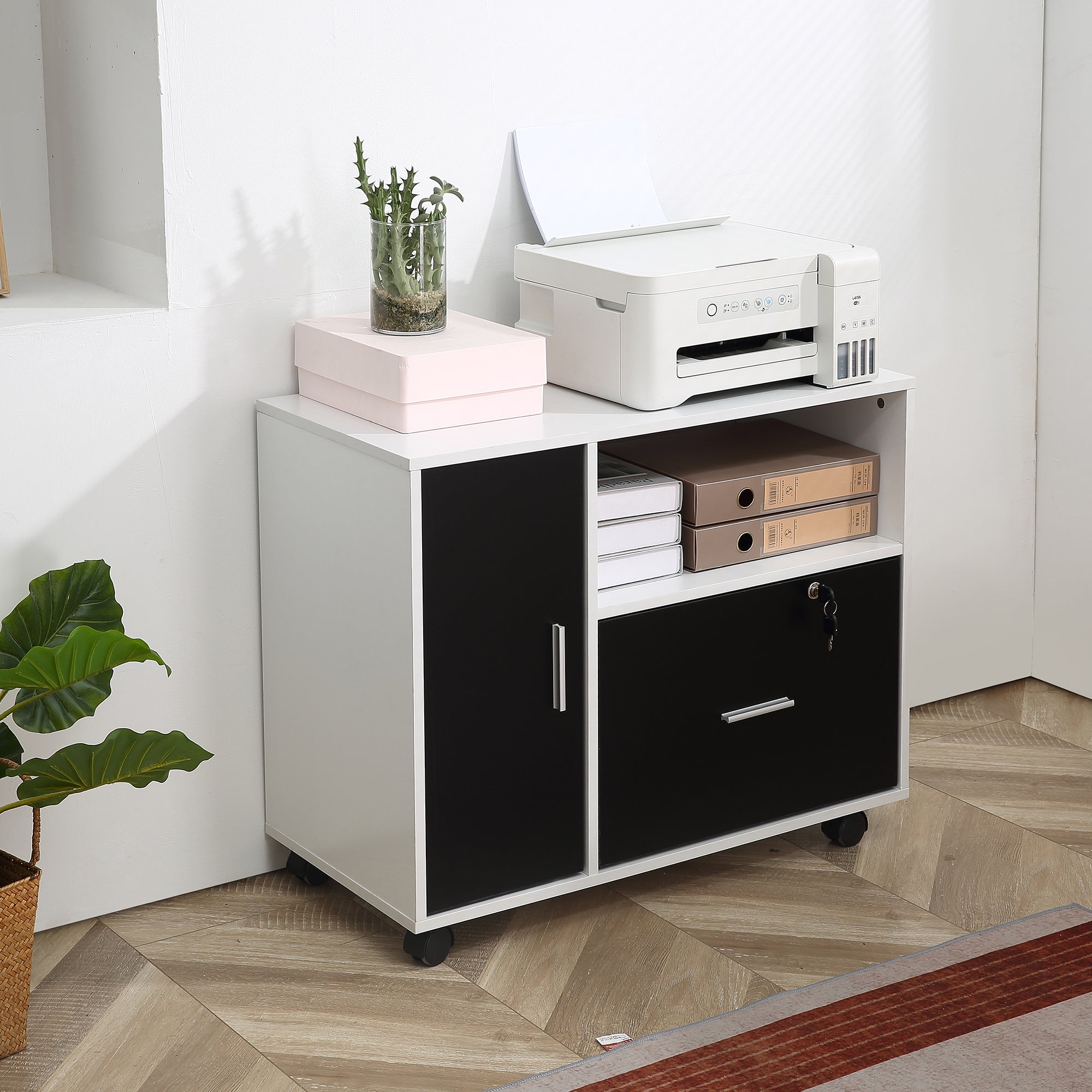 Lateral Filing Cabinet with Lockable Drawer for Hanging Legal, Letter Sized Files, Mobile Printer Stand for Home Office, Black and White Office Cabinets & Cupboards   at Gallery Canada