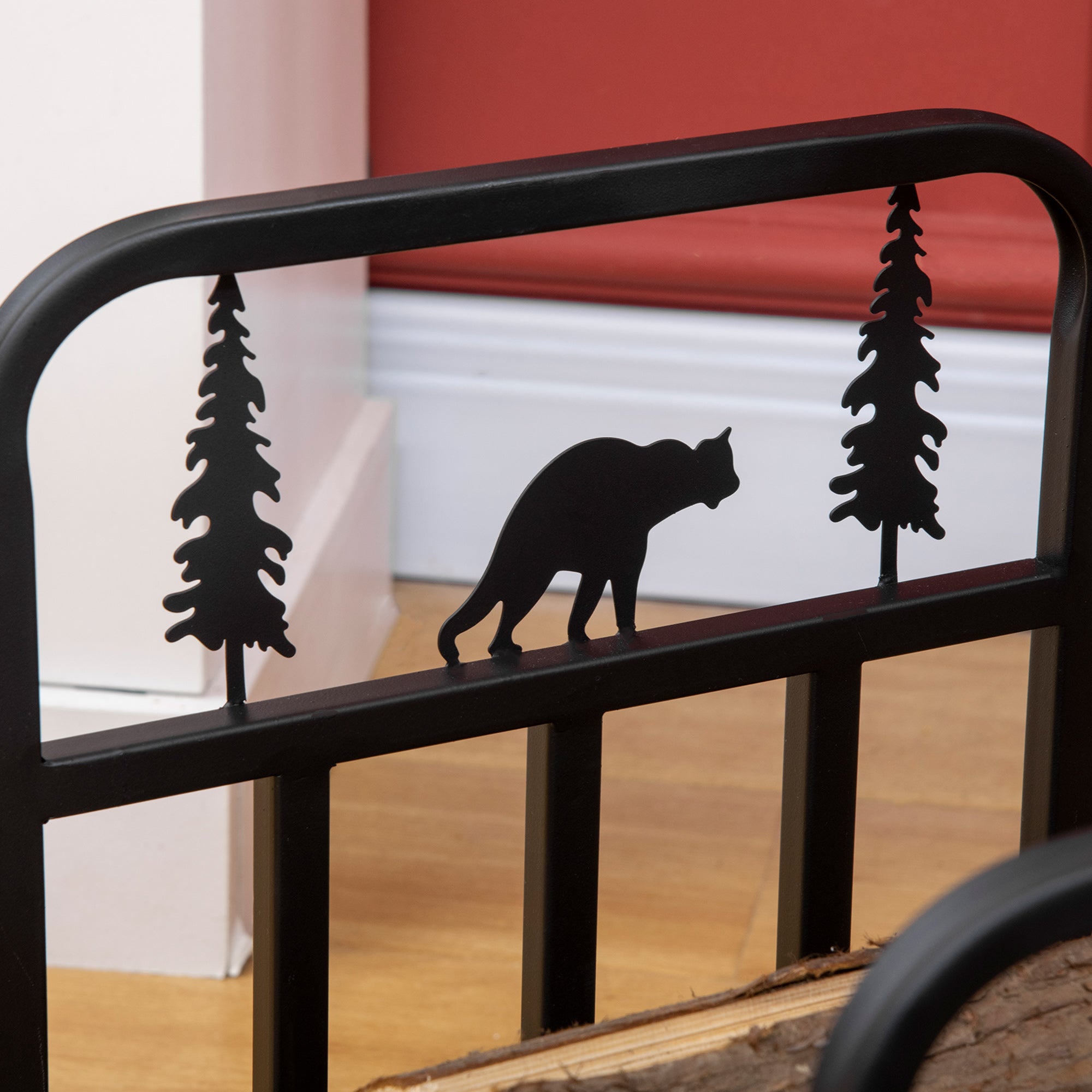 Curved Firewood Rack with Bear and Pine Tree Design, 17 Inch Log Holder Storage Rack with 110 lbs. Capacity, Black Firewood Racks at Gallery Canada