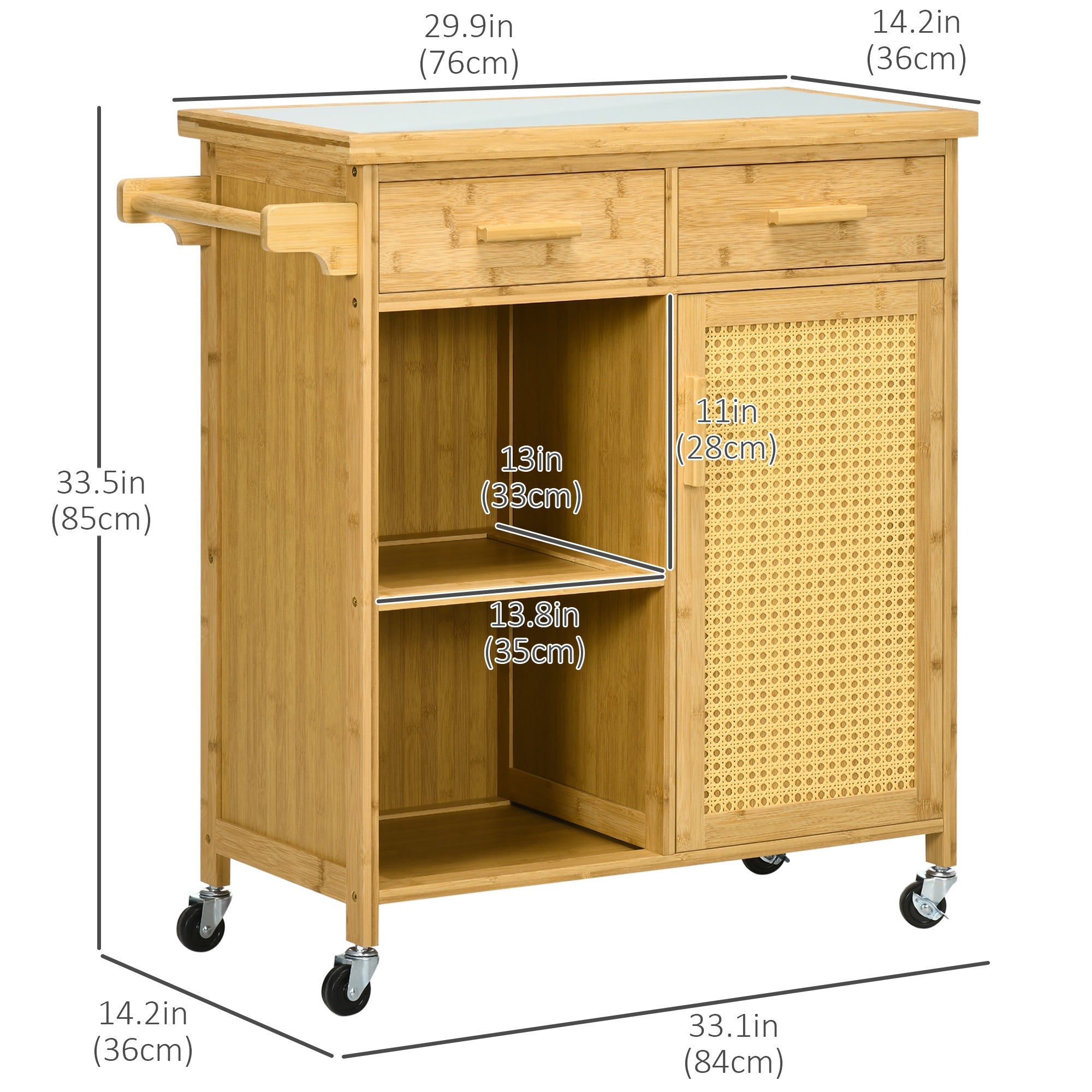 Bamboo Kitchen Island on Wheels, Rolling Kitchen Cart with Tempered Glass Top, 2 Drawers, Towel Racks, Open Compartments, Rattan Door Cabinet, Natural Kitchen Islands & Kitchen Carts   at Gallery Canada