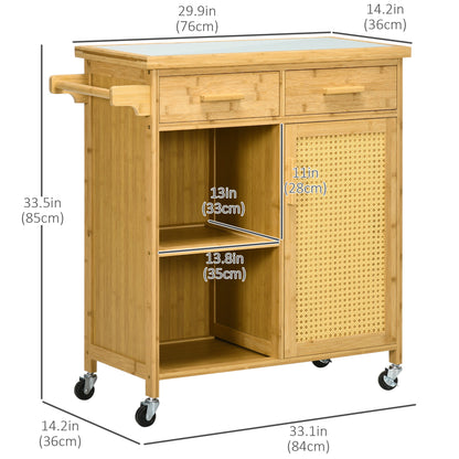 Bamboo Kitchen Island on Wheels, Rolling Kitchen Cart with Tempered Glass Top, 2 Drawers, Towel Racks, Open Compartments, Rattan Door Cabinet, Natural Kitchen Islands & Kitchen Carts   at Gallery Canada