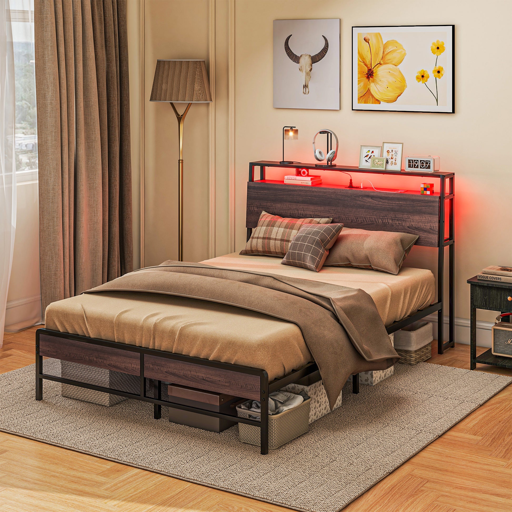 Full Size Bed Frame with LED Lights and Charging Station, Full Bed Frame with Storage Headboard, Noise-Free, Walnut Bedroom Furniture   at Gallery Canada