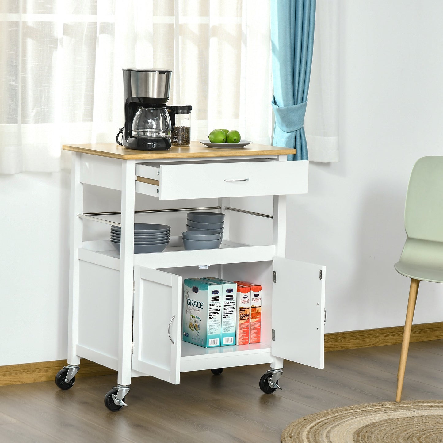 Kitchen Cart, Utility Trolley, Small Kitchen Island with Storage Drawer &; Side Hooks for Dining Room, White Kitchen Islands & Kitchen Carts   at Gallery Canada