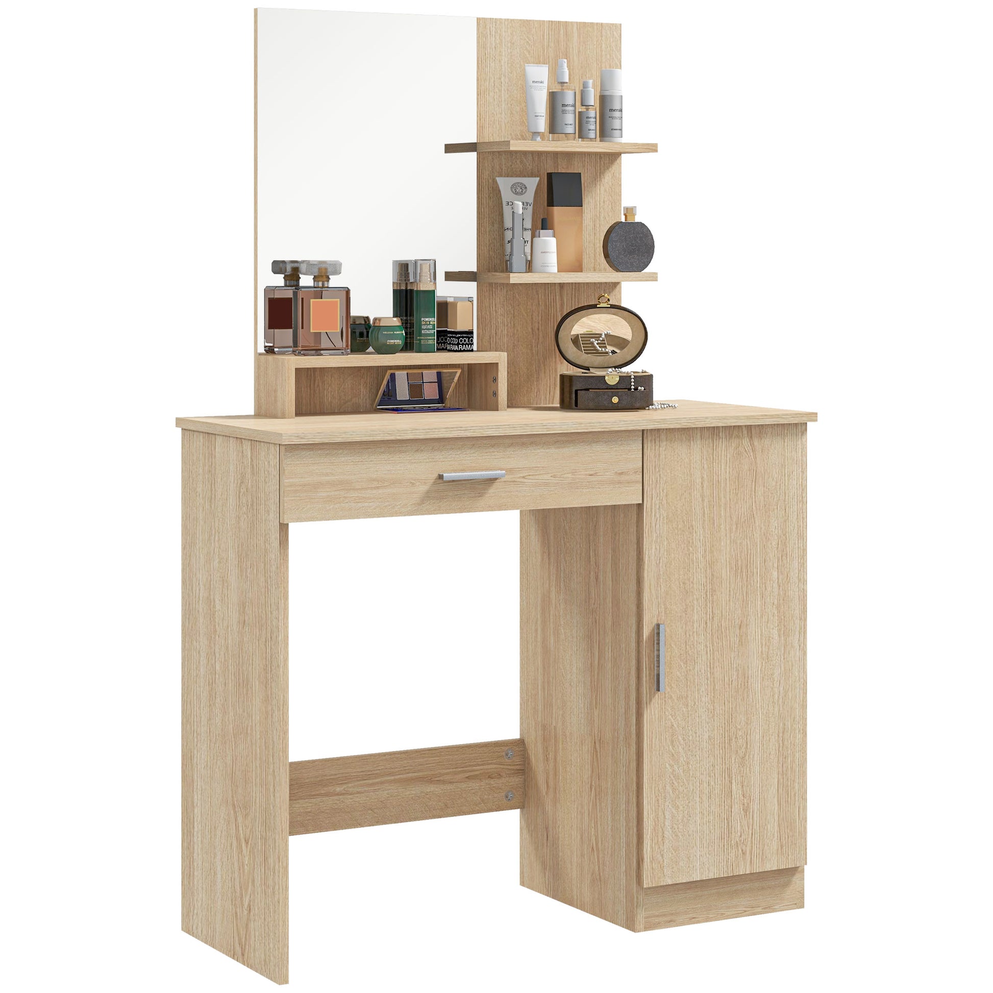 Dressing Table, Vanity Table with Mirror, Drawer and Storage Shelves for Bedroom, 35.4" x 15" x 54.3", Maple Wood Dressing & Vanity Tables   at Gallery Canada