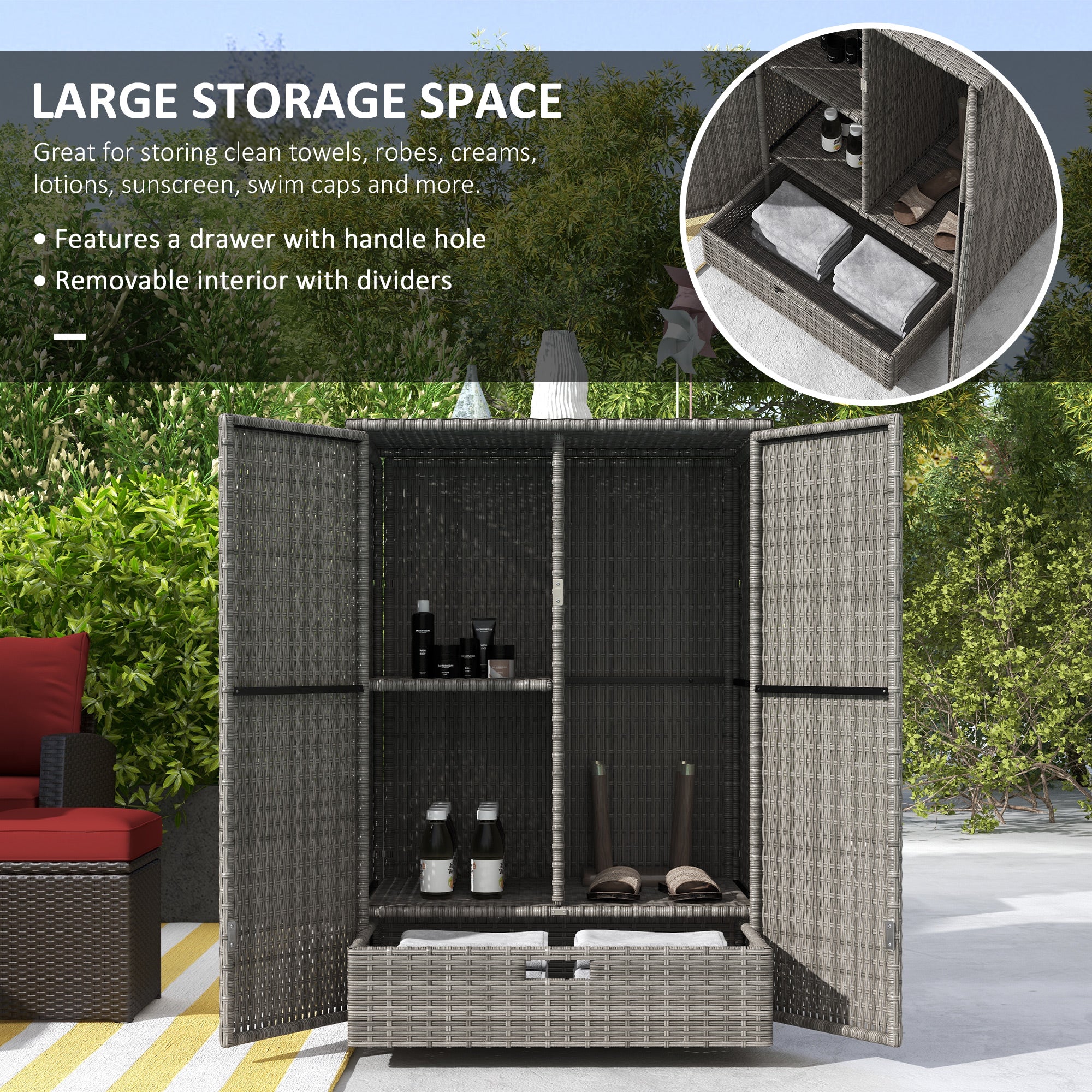 Wicker Outdoor Storage Cabinet, 2-Door Rattan Pool Towel Storage Cabinet with Drawer &; Removable Shelf, Dark Grey Patio Storage Boxes at Gallery Canada