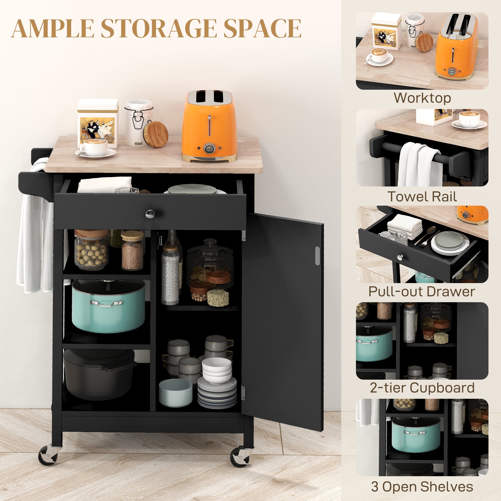 Modern Rolling Kitchen Island Cart with Drawer, Natural Wood Top, Towel Rack, Door Storage Cabinet, Black Kitchen Islands & Kitchen Carts   at Gallery Canada