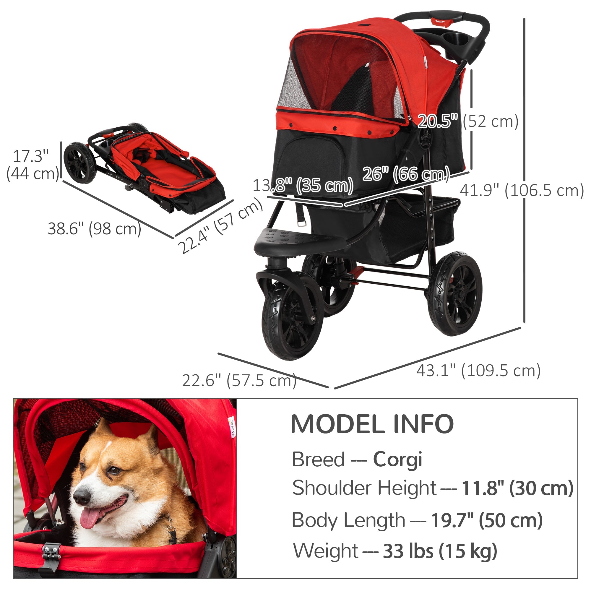 3 Wheel Folding Dog Stroller, Jogger Travel Carrier with Adjustable Canopy, Storage Brake, Mesh Window for S&;M Dogs, Red Dog Bike Trailers & Strollers   at Gallery Canada