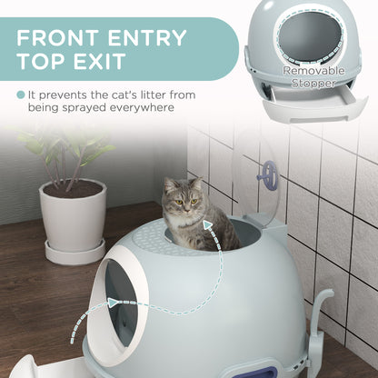 Cat Litter Box Toilet with Lid, Covered Litter Box with Scoop, Enclosed Drawer and Skylight, Blue Cat Litter Box Enclosures   at Gallery Canada