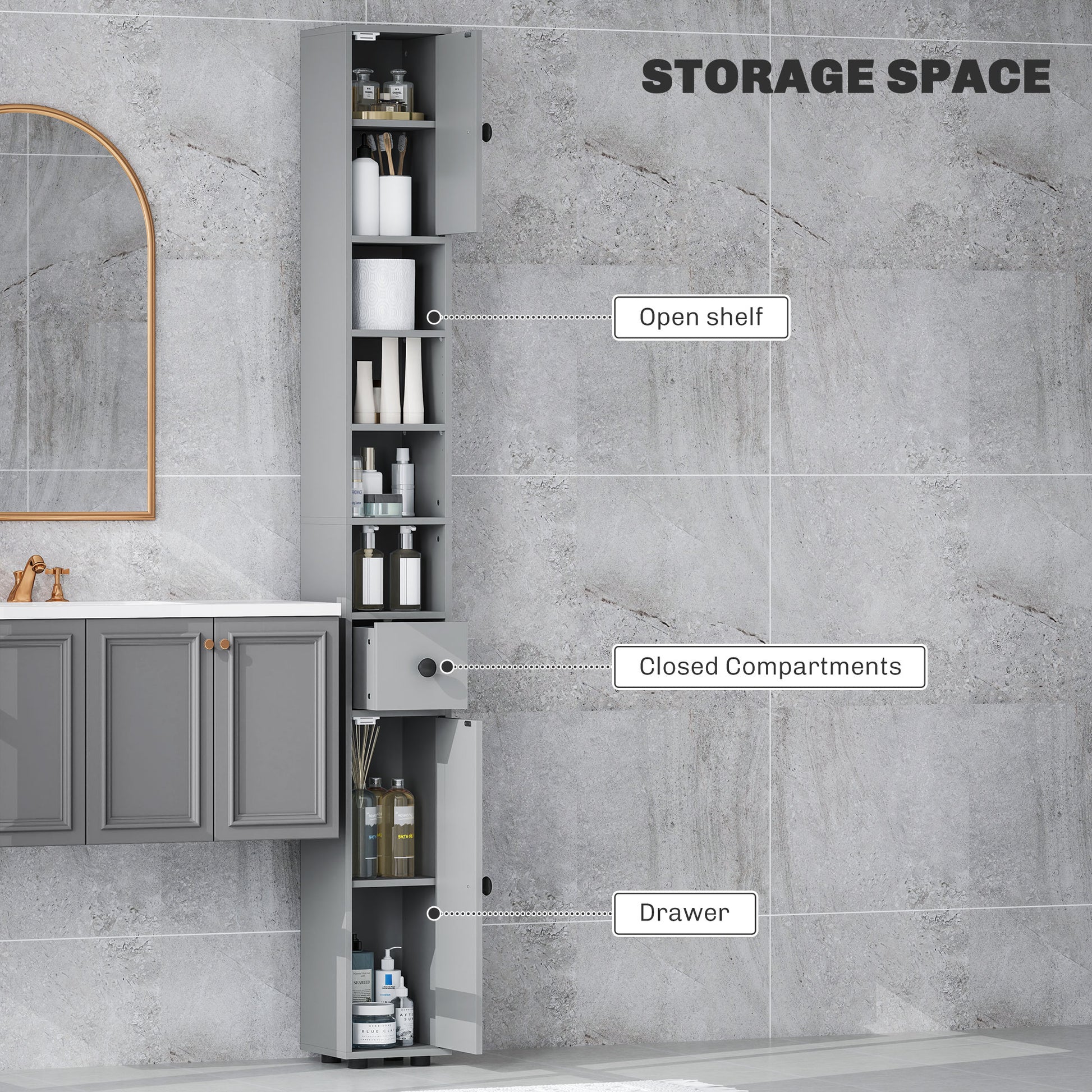 71" Tall Bathroom Cabinet, Narrow Toilet Paper Cabinet with Open Shelves, 2 Door Cabinets, Adjustable Shelves, Grey Bathroom Cabinets   at Gallery Canada