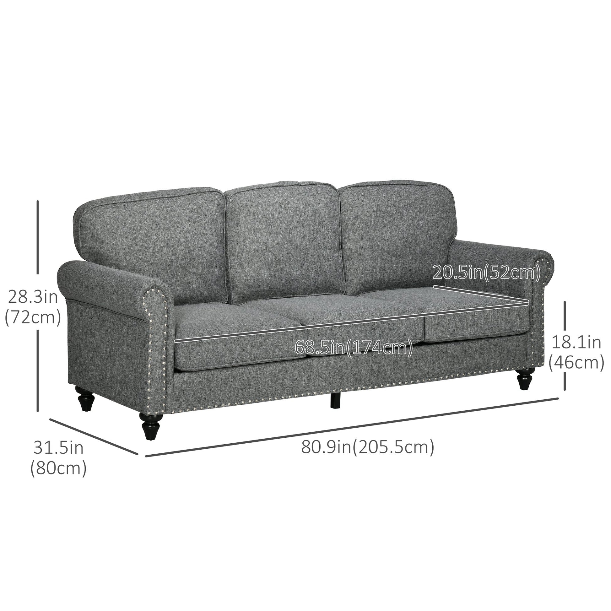 3-Seater Sofa Couch, 81" Modern Linen Fabric Sofa with Rubberwood Legs, Nailhead Trim and Rolled Arms for Living Room, Bedroom and Apartment, Grey 3-Seater Sofas   at Gallery Canada