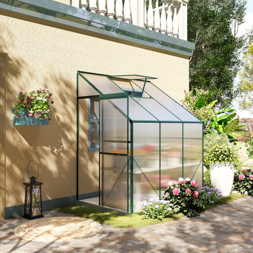 Lean-to Greenhouse Walk-in Garden Aluminum Polycarbonate with Roof Vent for Plants Herbs Vegetables 6' x 4' x 7' Green