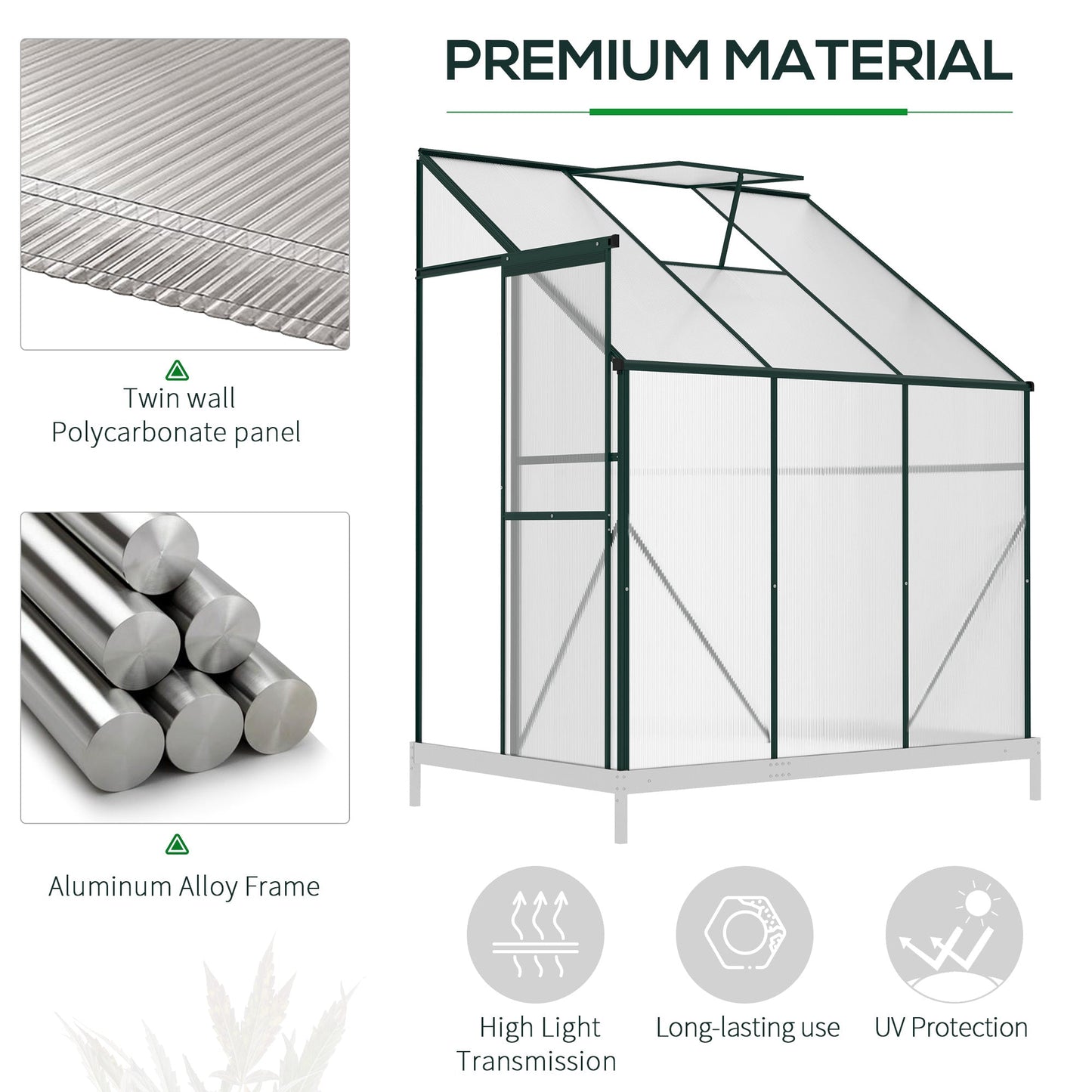 Lean-to Greenhouse Walk-in Garden Aluminum Polycarbonate with Roof Vent for Plants Herbs Vegetables 6' x 4' x 7' Green Walk In Greenhouses   at Gallery Canada