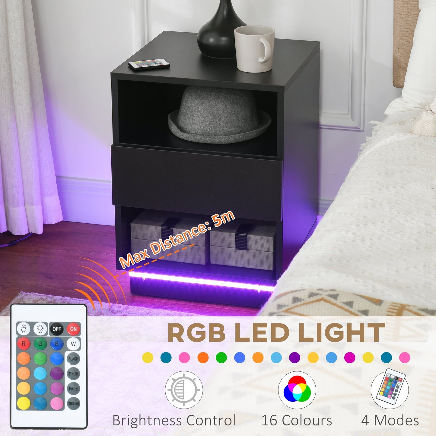 LED Nightstand, Bedside Table with LED Lights, Drawer, 2 Shelves, Remote, Side Table for Living Room, Bedroom Bedside Tables   at Gallery Canada