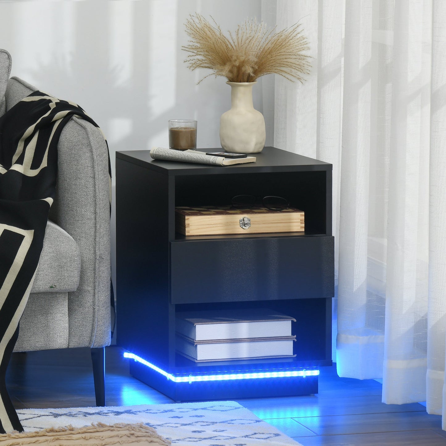 LED Nightstand, Bedside Table with LED Lights, Drawer, 2 Shelves, Remote, Side Table for Living Room, Bedroom Bedside Tables   at Gallery Canada