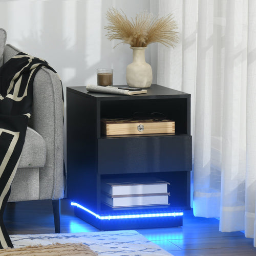 LED Nightstand, Bedside Table with LED Lights, Drawer, 2 Shelves, Remote, Side Table for Living Room, Bedroom