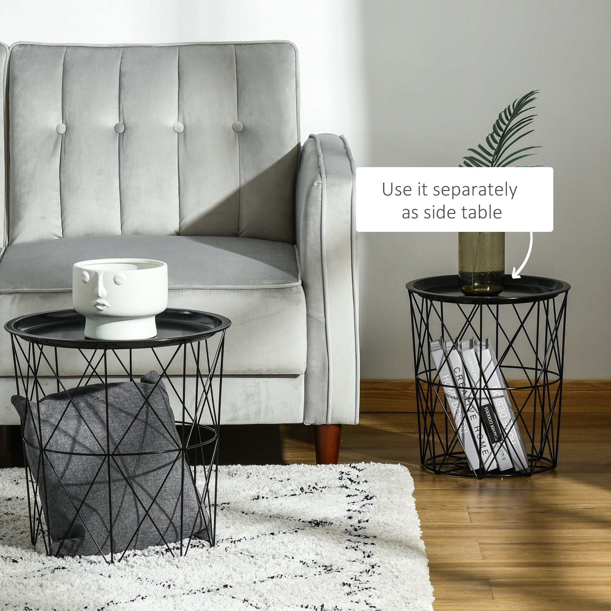 Set of 3 Nesting Coffee Tables with Storage, Round End Table with Removable Tray, Basket Side Tables with Metal Frame for Living Room, Black Side Tables   at Gallery Canada