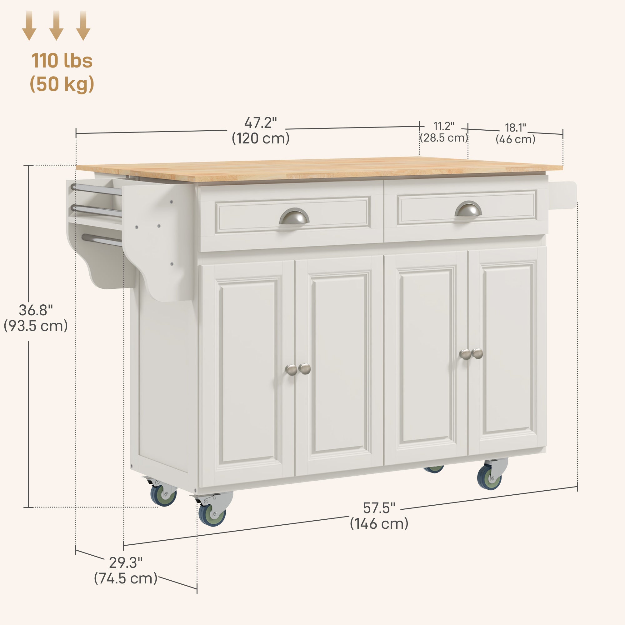 Kitchen Island with Storage, Rolling Kitchen Island with Drop Leaf, Rubber Wood Top and Adjustable Shelves, Cream White Kitchen Islands & Kitchen Carts at Gallery Canada