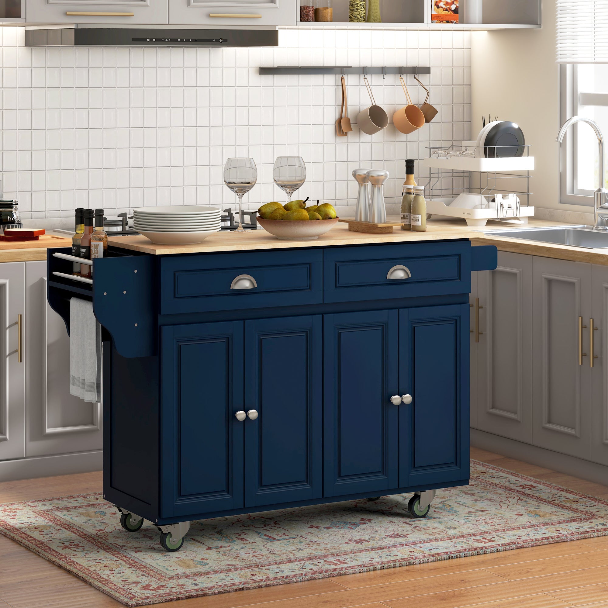 Kitchen Island with Storage, Rolling Kitchen Island with Drop Leaf, Rubber Wood Top and Adjustable Shelves, Navy Blue Kitchen Islands & Kitchen Carts at Gallery Canada