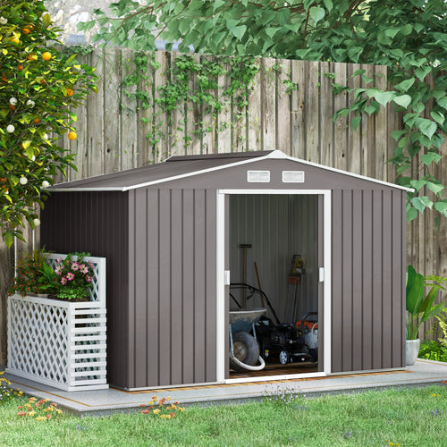 9.1'x6.4'x6.3' Garden Storage Shed w/ Foundation Kit Metal Tool Storage House w/ Double Doors Grey