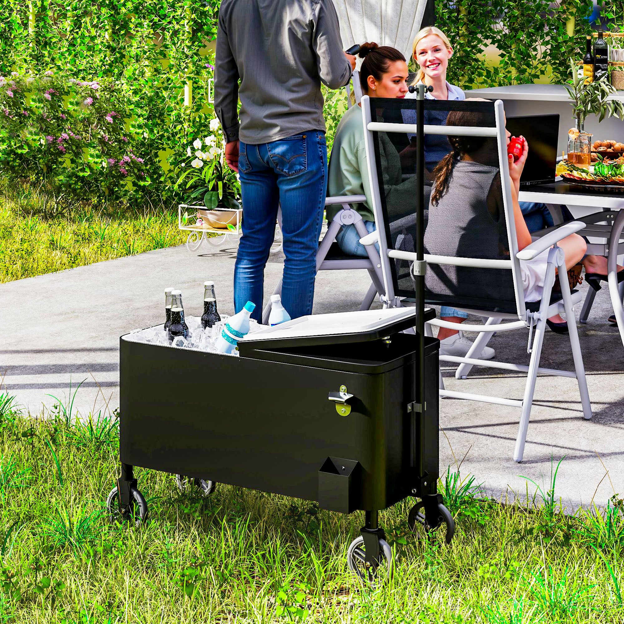 80-Qt Outdoor Patio Cooler Cart, Rolling Ice Chest with Adjustable Handle, Wheels, Bottle Opener, Drainage, Outdoor Beverage Cooler Bar Cart for Party BBQ Camping, Black Cooler Boxes at Gallery Canada