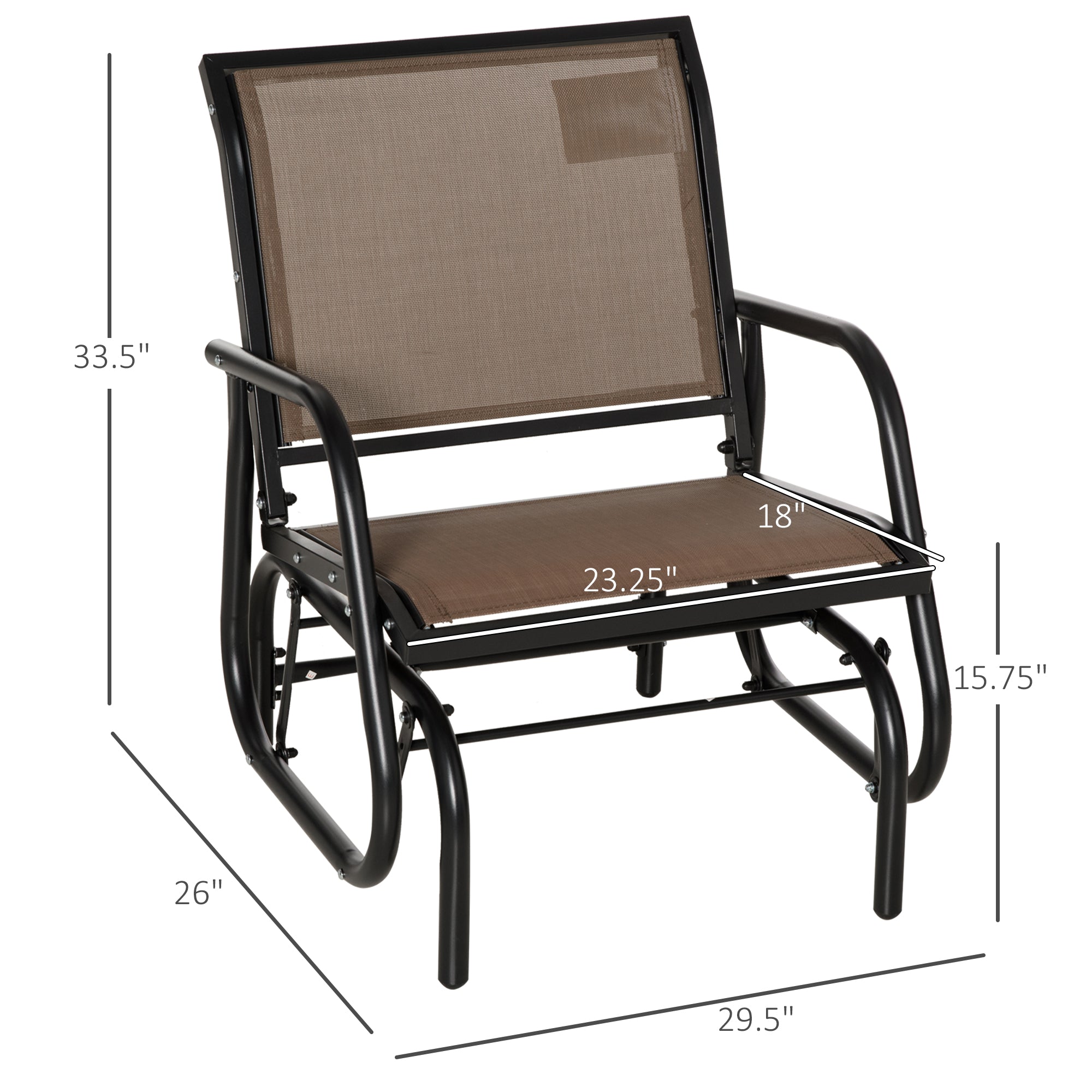 Breathable Mesh Patio Glider Swing Chair with Metal Frame and Curved Armrests, Brown Outdoor Gliders   at Gallery Canada