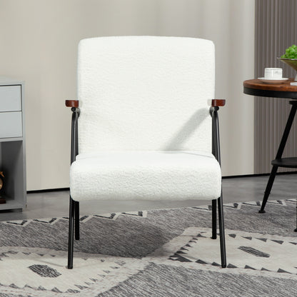 Modern Armchair, Upholstered Teddy Fleece Accent Chair with Wood Arms and Steel Frame for Living Room, Bedroom, White Accent Chairs   at Gallery Canada