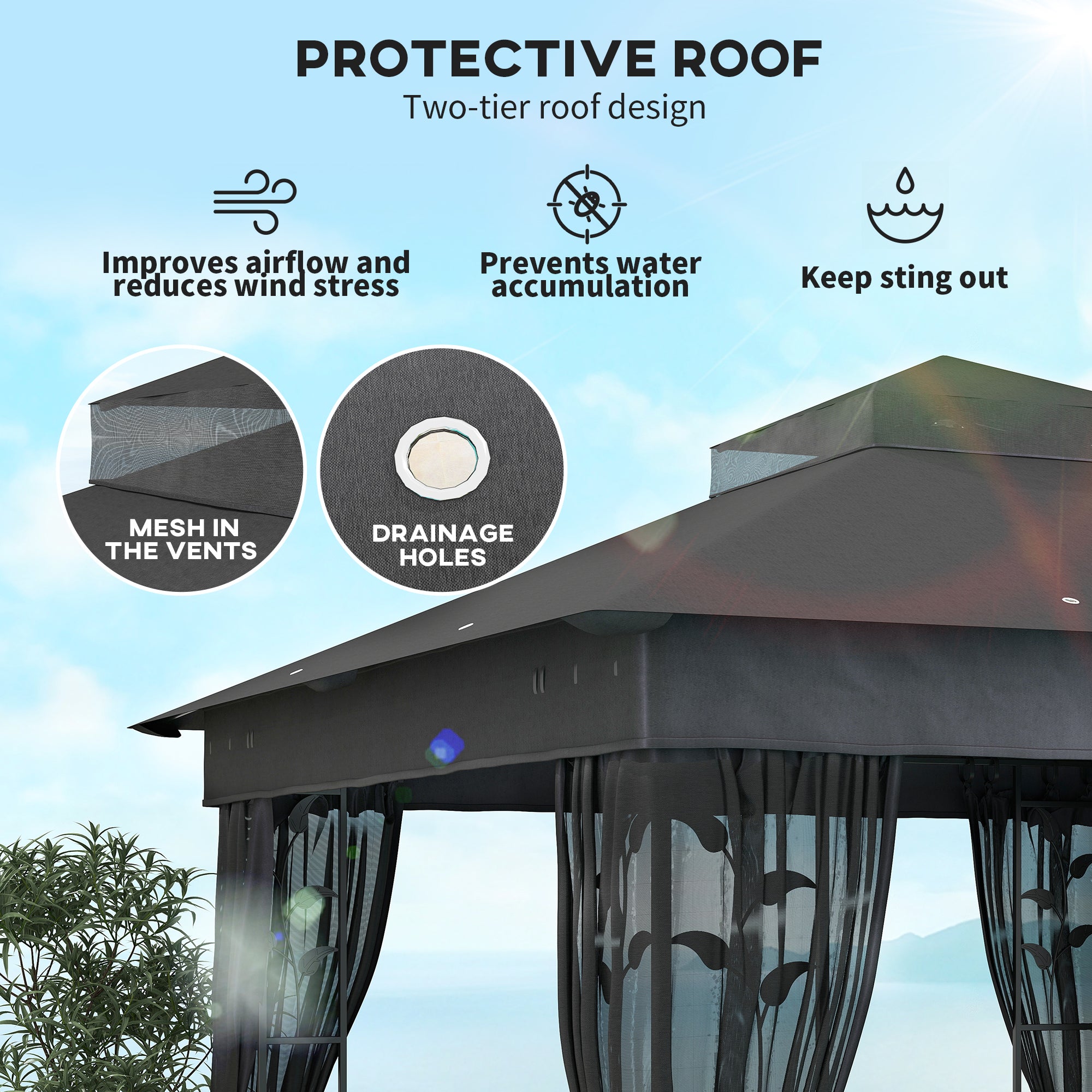 10' x 10' Outdoor Gazebo with Shelves and Netting, UV30+ Double Roof Patio Gazebo for Lawn, Backyard and Deck Gazebos at Gallery Canada