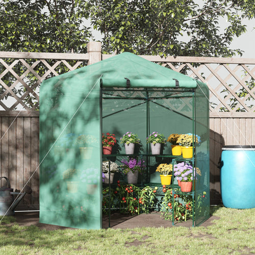 Hexagonal Walk-in Greenhouse with 3-Tier Shelves, Roll-up Door, Green