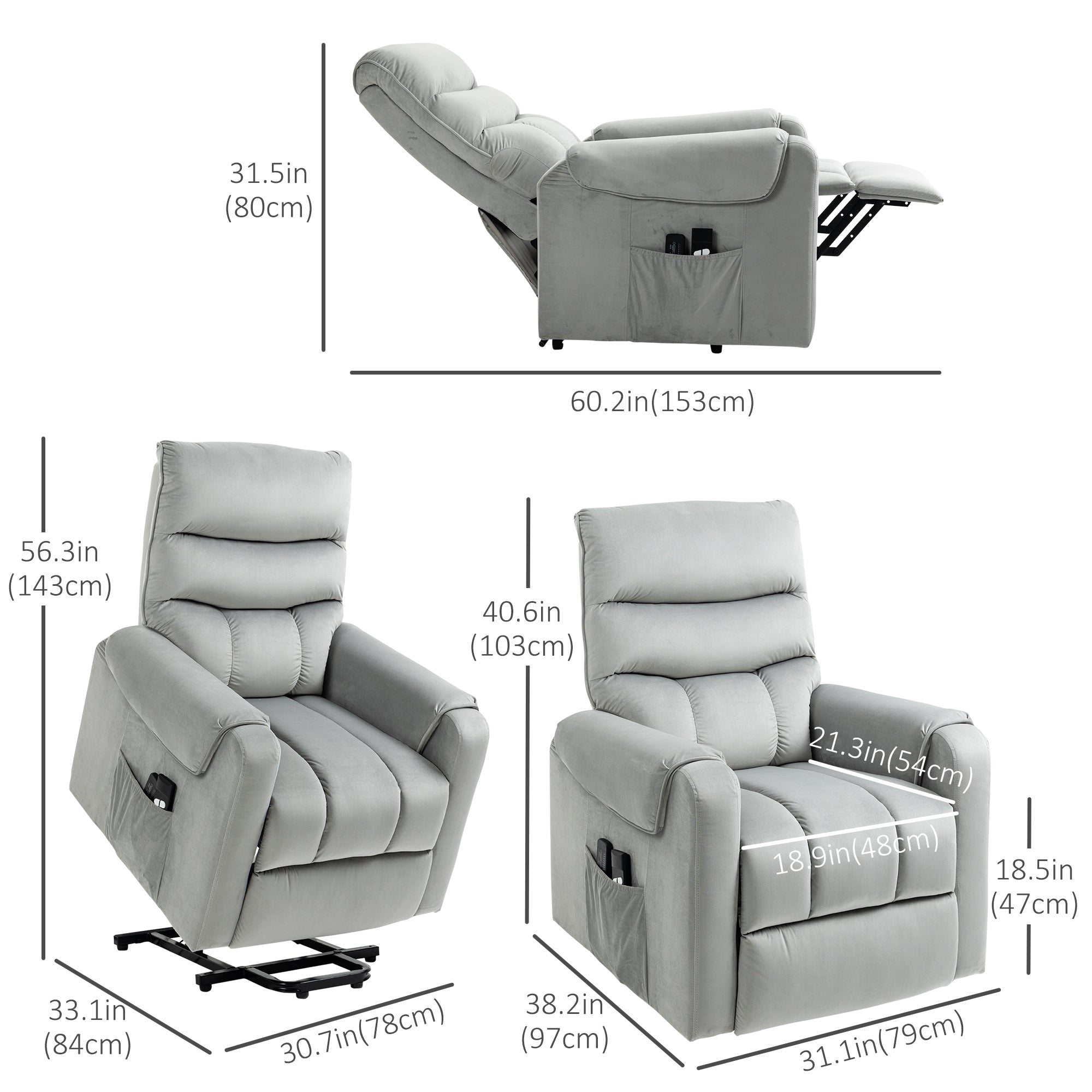 Lift Chair for Elderly, Massage Recliner Chair with 8 Vibration Points, Footrest, Remote Control, Side Pockets, Grey Electric Power Lift Chairs   at Gallery Canada