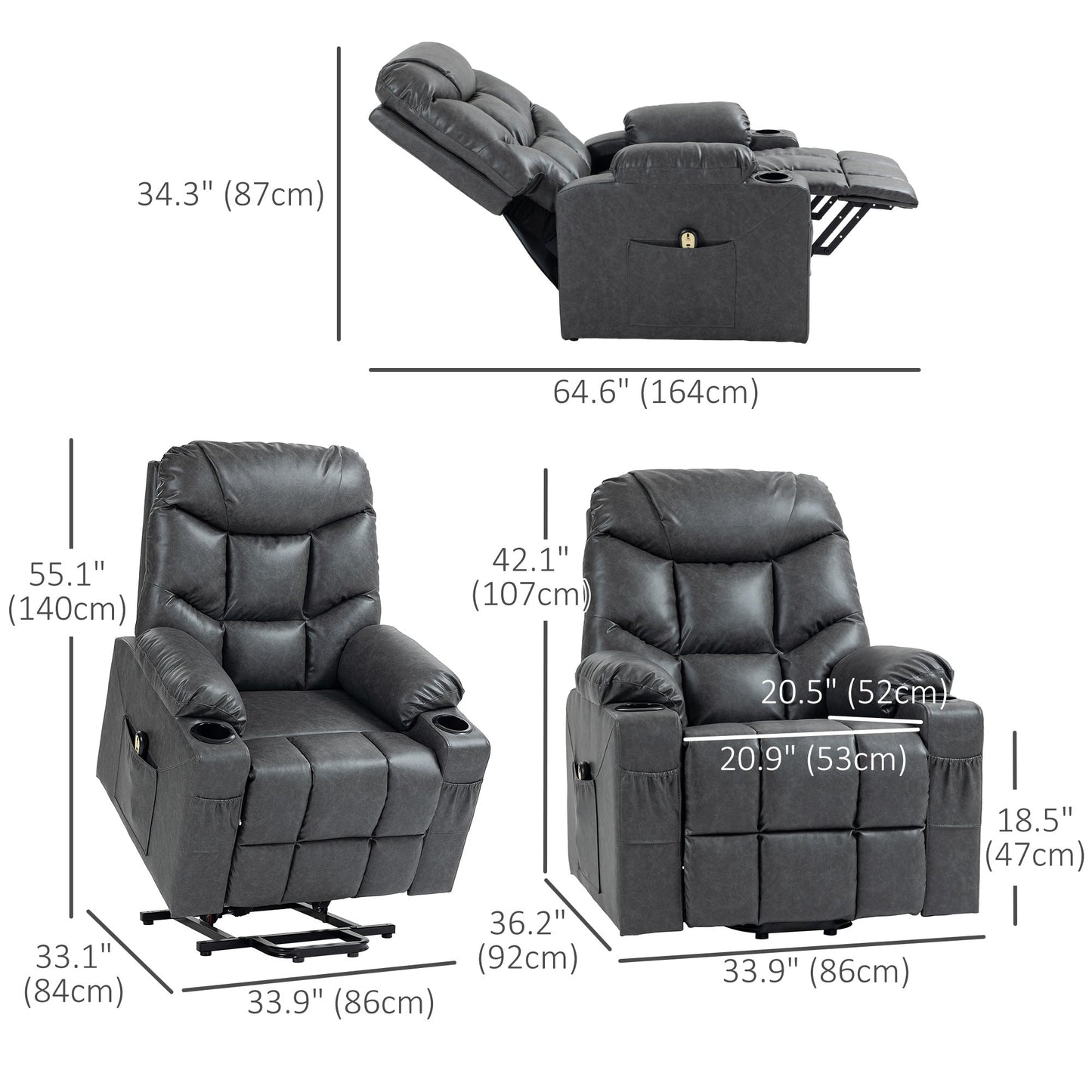 Lift Chair for Elderly, PU Leather Electric Recliner Chair with Quick Assembly, Remote, Cup Holders, Side Pockets, Grey Sofas & Reclining Chairs   at Gallery Canada