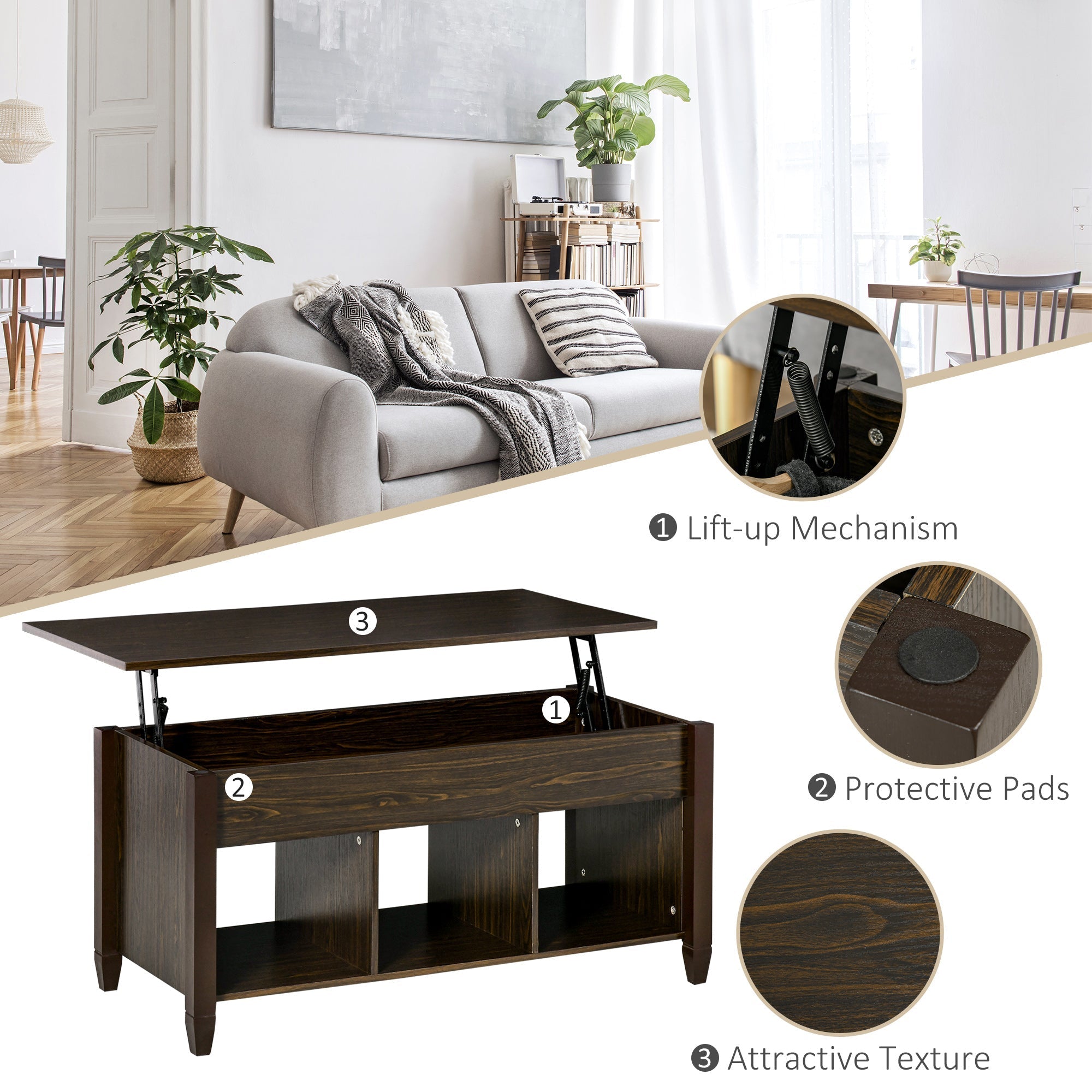 Lift Top Coffee Table with Hidden Storage Compartment and 3 Lower Shelves, Pop-Up Center Table for Living Room, Espresso Coffee Tables   at Gallery Canada