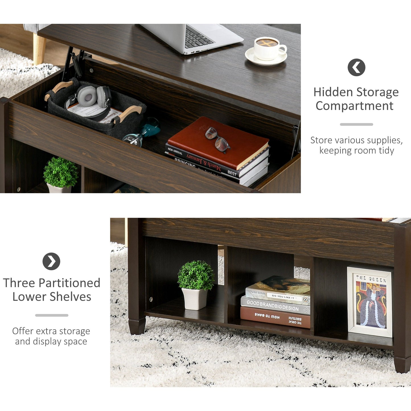 Lift Top Coffee Table with Hidden Storage Compartment and 3 Lower Shelves, Pop-Up Center Table for Living Room, Espresso Coffee Tables   at Gallery Canada