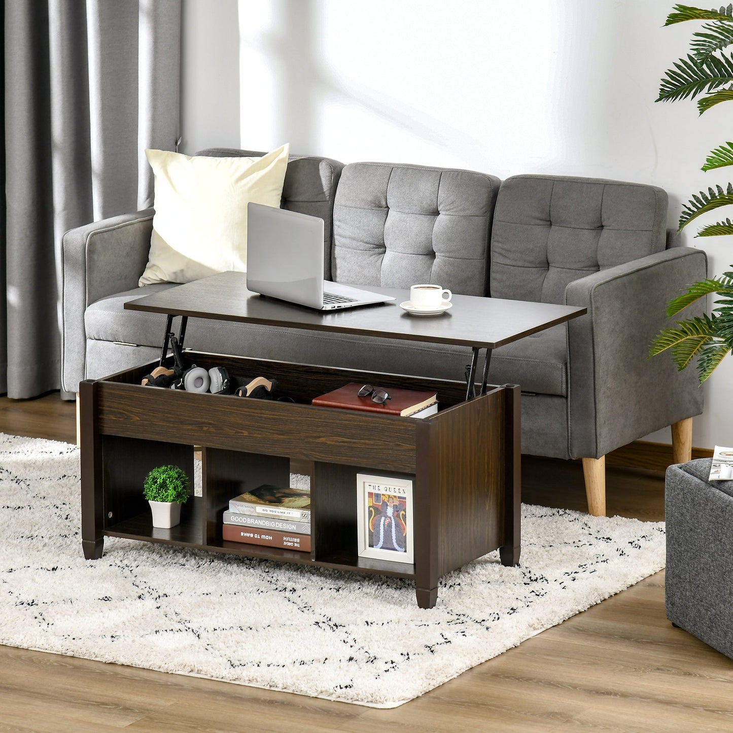 Lift Top Coffee Table with Hidden Storage Compartment and 3 Lower Shelves, Pop-Up Center Table for Living Room, Espresso Coffee Tables   at Gallery Canada