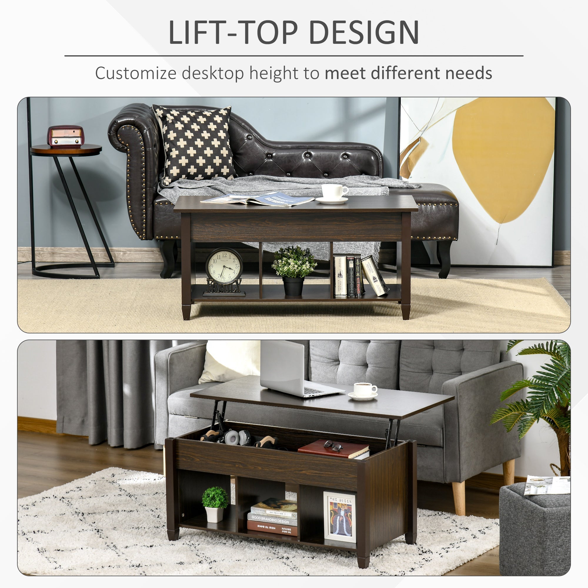 Lift Top Coffee Table with Hidden Storage Compartment and 3 Lower Shelves, Pop-Up Center Table for Living Room, Espresso Coffee Tables   at Gallery Canada