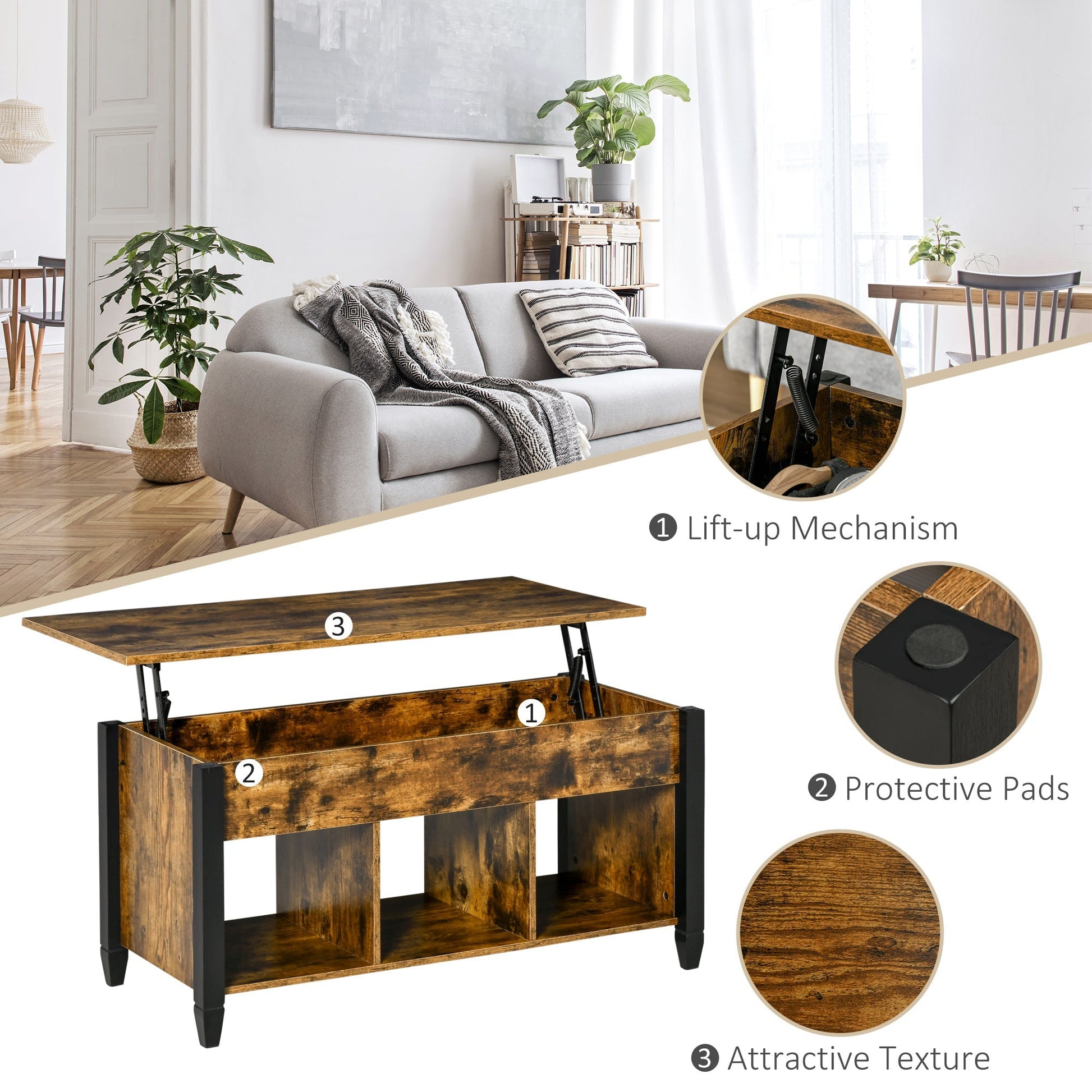 Lift Top Coffee Table with Hidden Storage Compartment and 3 Lower Shelves, Pop-Up Center Table for Living Room, Rustic Brown Coffee Tables   at Gallery Canada