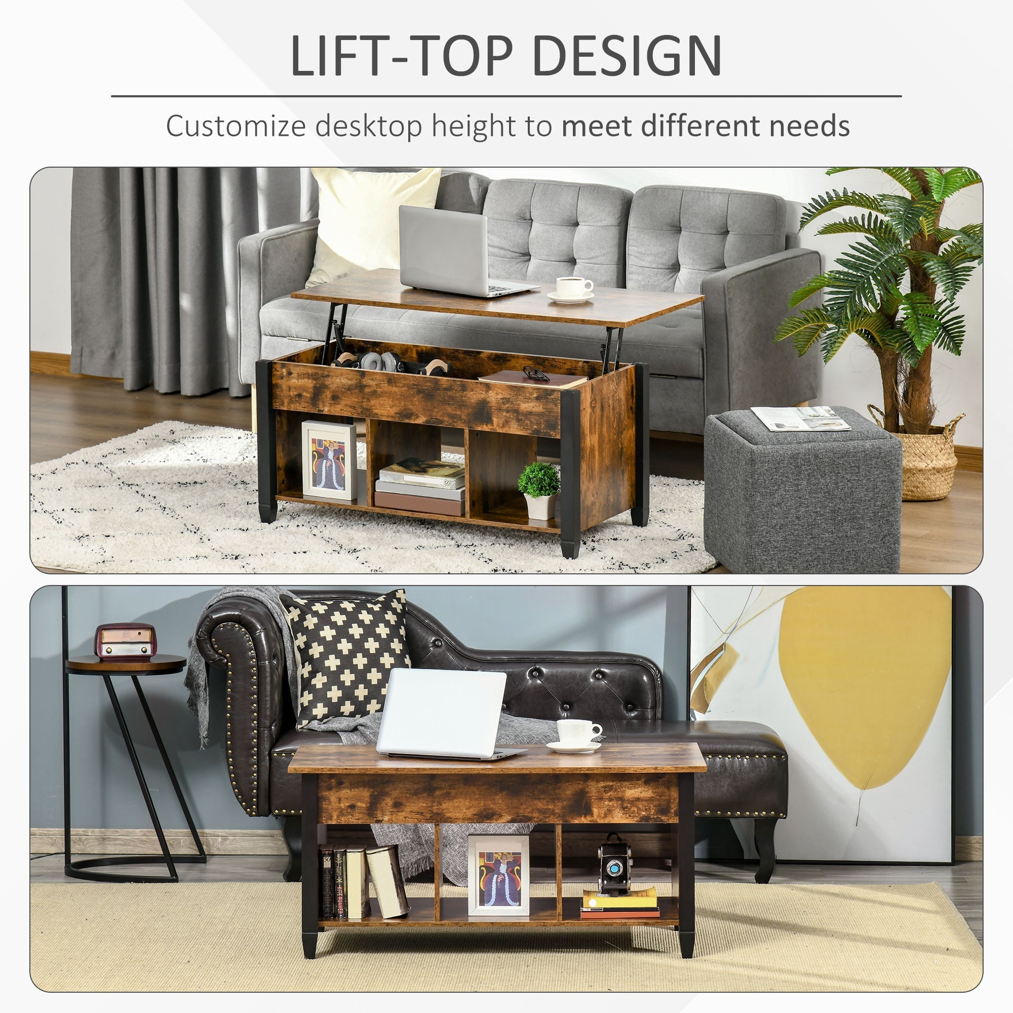 Lift Top Coffee Table with Hidden Storage Compartment and 3 Lower Shelves, Pop-Up Center Table for Living Room, Rustic Brown Coffee Tables   at Gallery Canada