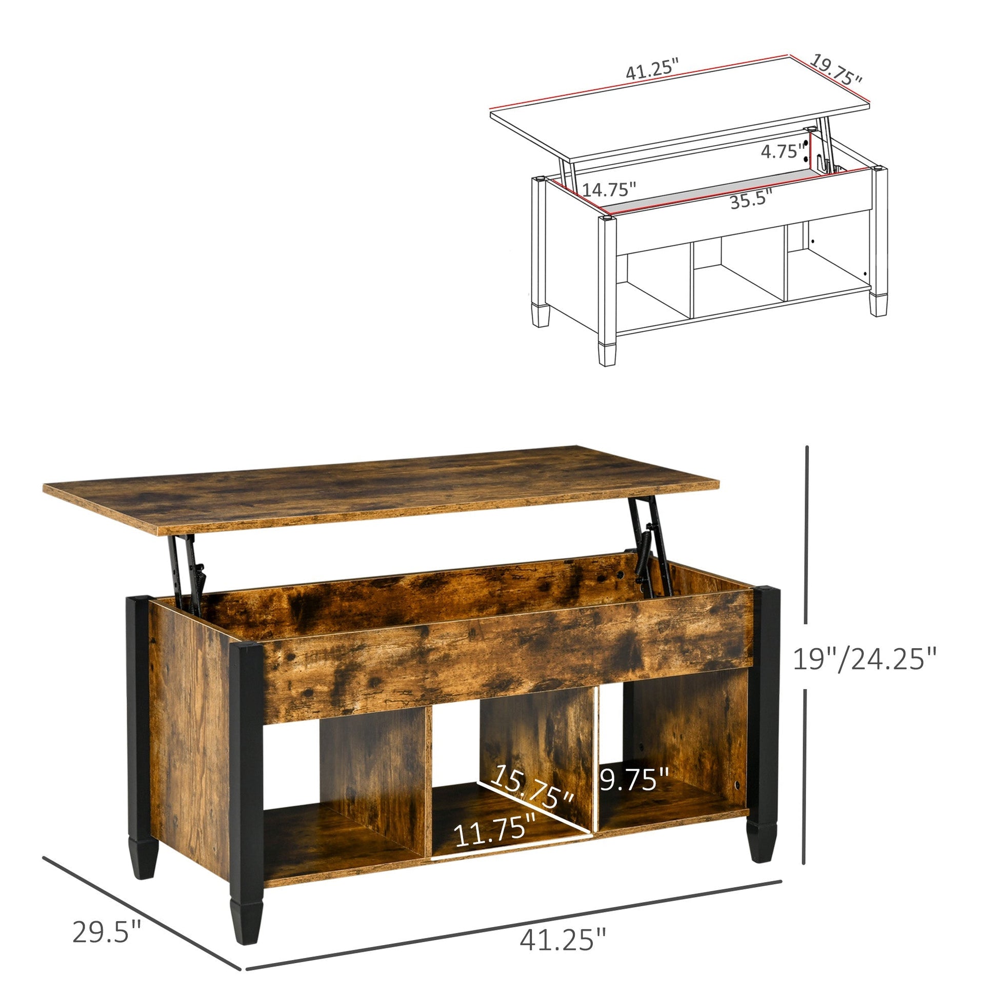 Lift Top Coffee Table with Hidden Storage Compartment and 3 Lower Shelves, Pop-Up Center Table for Living Room, Rustic Brown Coffee Tables   at Gallery Canada