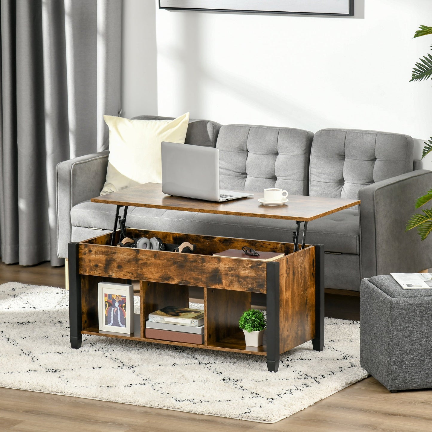 Lift Top Coffee Table with Hidden Storage Compartment and 3 Lower Shelves, Pop-Up Center Table for Living Room, Rustic Brown Coffee Tables   at Gallery Canada